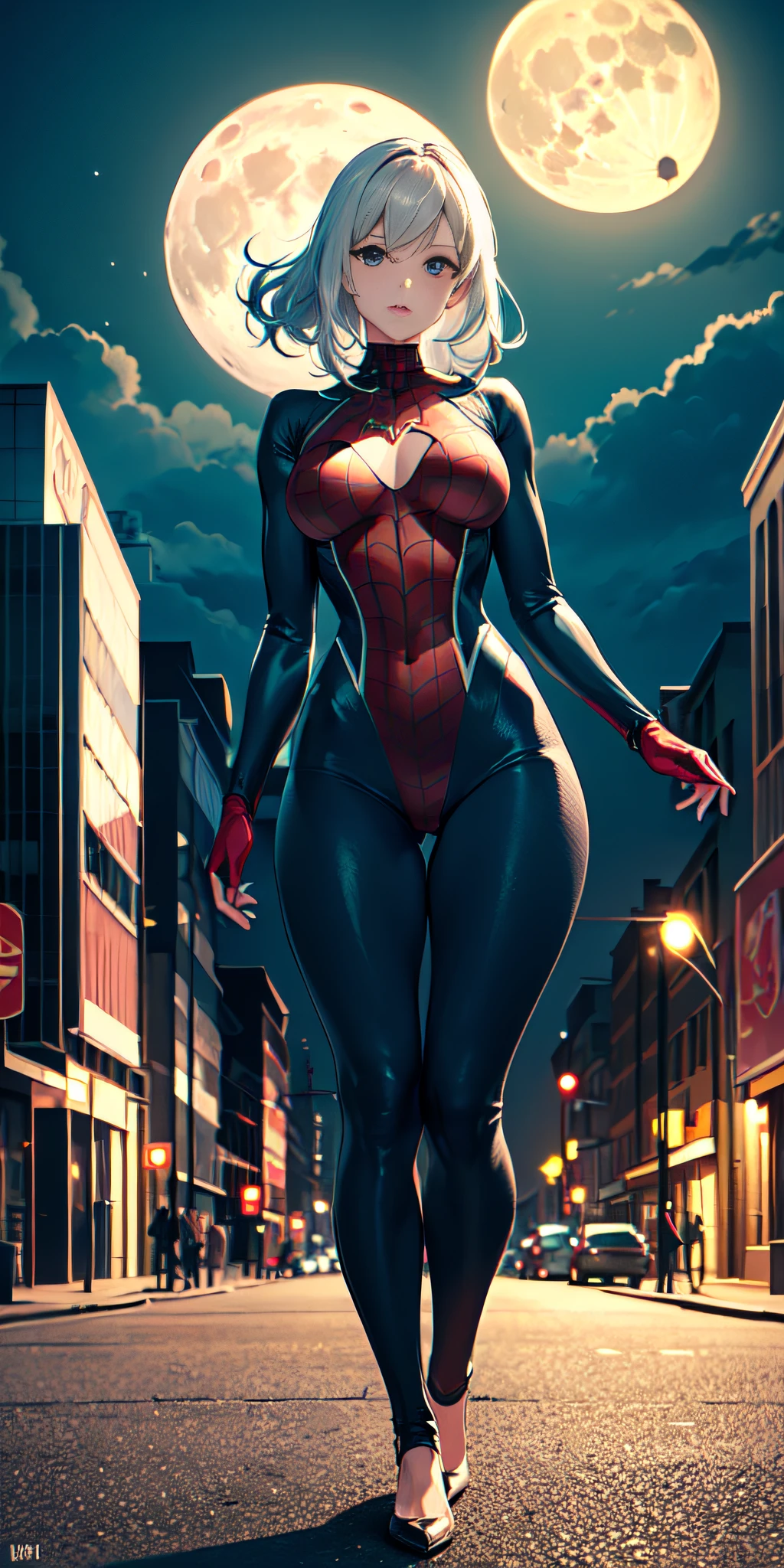 (Masterpiece, 4k resolution, ultra realistic, very detailed), (black + fluorescent green superhero theme, charismatic, there is a girl at the top of the city, dressed in the Spider-Man costume, she is a superheroine), [ ((25 years), (long white hair: 1.2), slim build, full perfect body, (blue eyes: 1.2), ((very daring pose), (cityscape, at night, dynamic lights), (full moon)))]