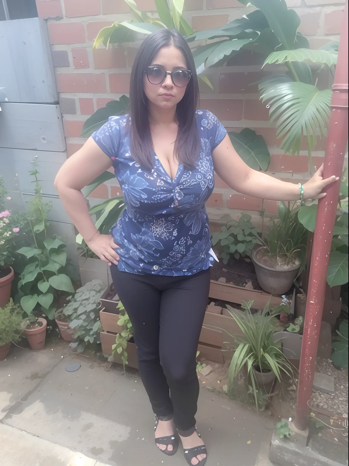 Hay una mujer parada frente a un poste con una planta, full body photogenic shot, about 3 5 years old, foto del atuendo, in garden, foto de perfil, Imagen de cuerpo entero, Toma de longitud de cuerpo completo, Tiro centrado de cuerpo entero, con una pose fresca, Toma de cuerpo completo, Disparo de cuerpo completo distante, 30-year-old woman, 3 0 years female flat belly and large breasts