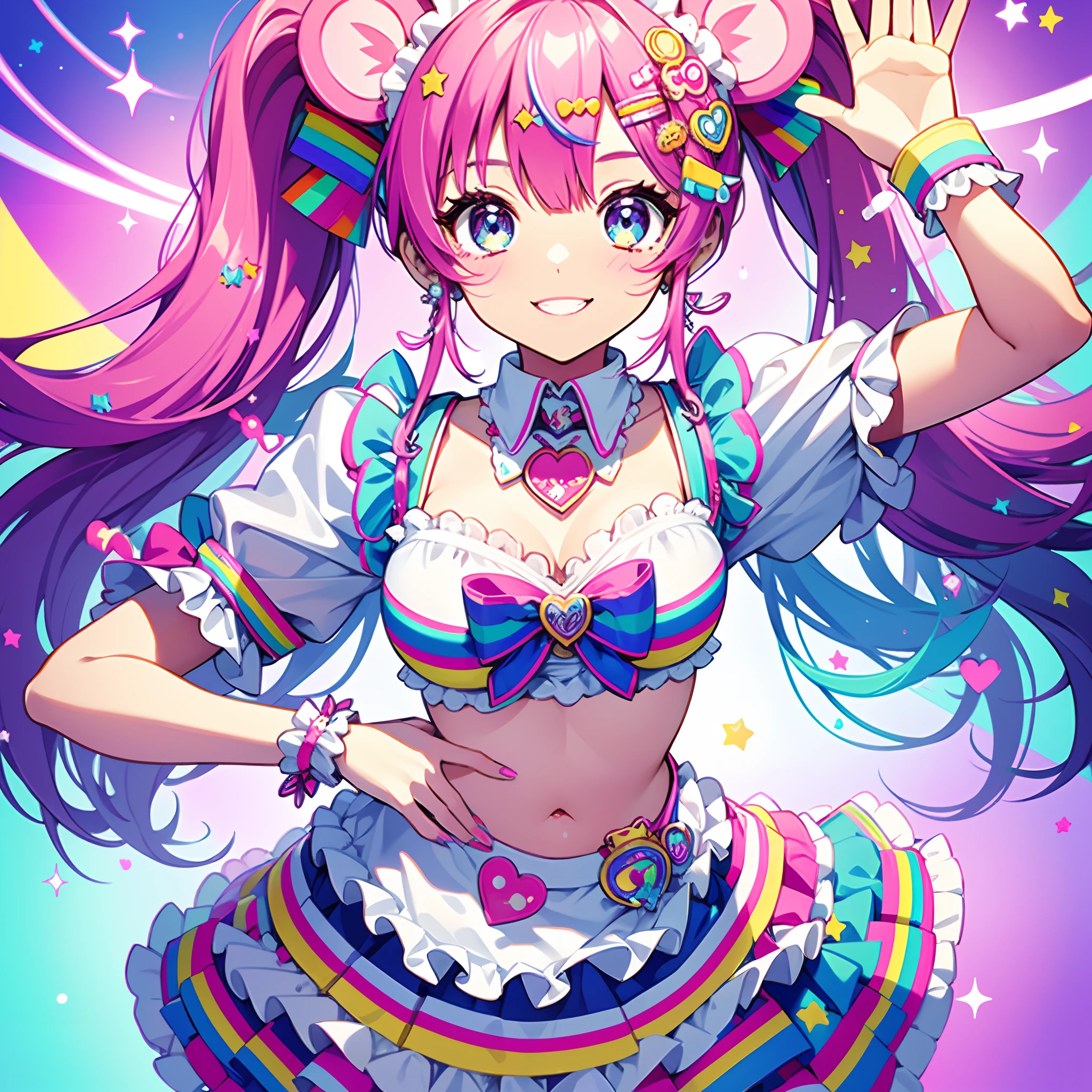 1girl, decora, mouse ears, maid outfit, neon colors, rainbow hair with ribbons, detailed 8k background of a playground with rainbow colors and crayola, smiling, teeth showing, cute background, place