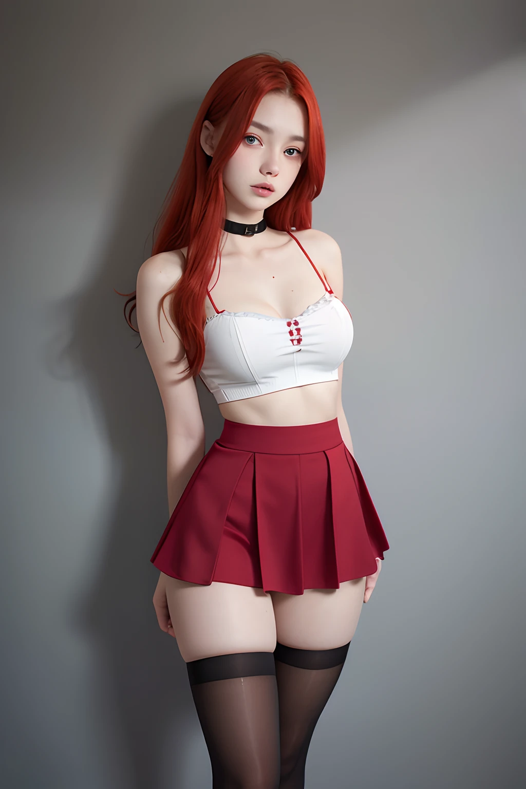 a beautiful **** Skotlandia woman, spaghetti strap top, high waist short skirt, redhead, thighhighs