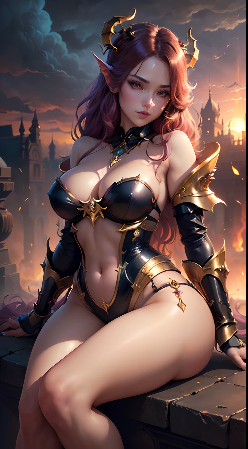((Need)), ((tmasterpiece)), (A detailed), Enchanting succubus, Sexy beauty, Perched in clouds, (fantasy illustrations:1.3), Seductive gaze, captivating posture, tight top, wearing golden armour,otherworldly charm, Mysterious Sky, Strange fire clouds,the setting sun,Chibi Ancient City,Large portrait building。