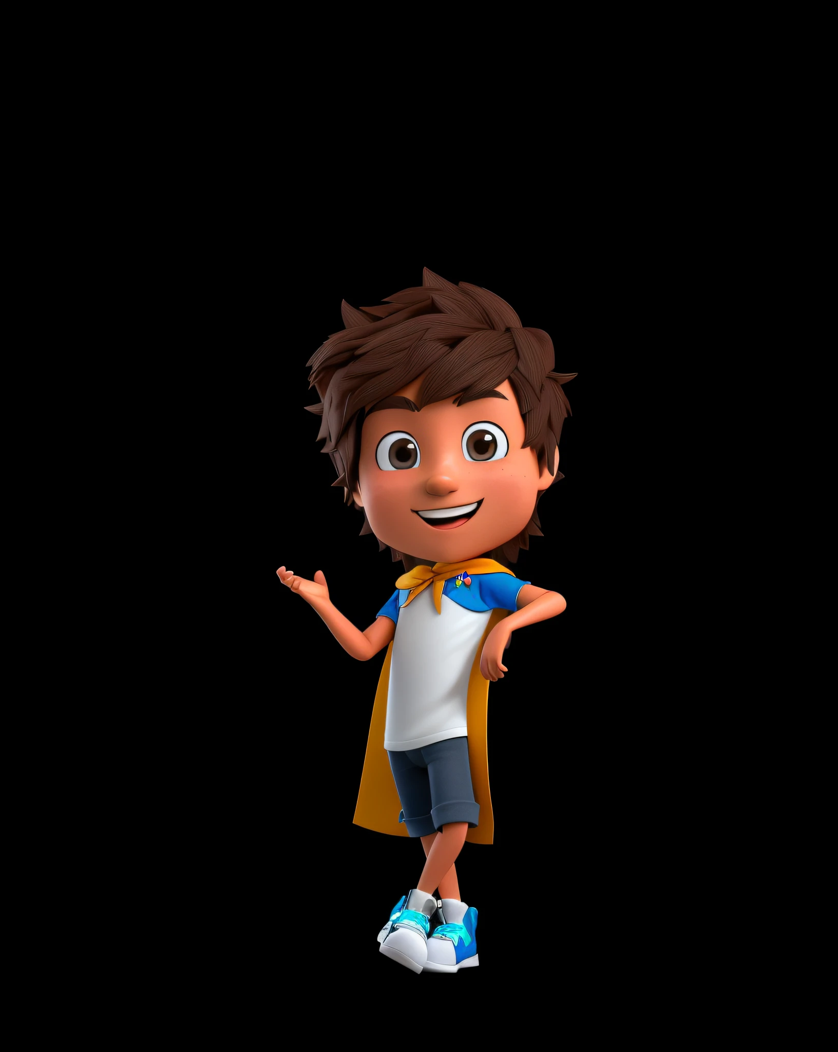 Cartoon boy with a cape and sneakers standing in front of a black background, animation character, personagem bonito dos desenhos animados, personagem de desenho animado, Pose de personagem, Arnold Maya render, Personagem Toonix, Personagem 3D, Personagem 3D, Caractere mesclado, 3 d character render, character is standing, promotional render, bonito 3 d render, full body single character, toon render keyshot, escrito na blusa em azul gamusta