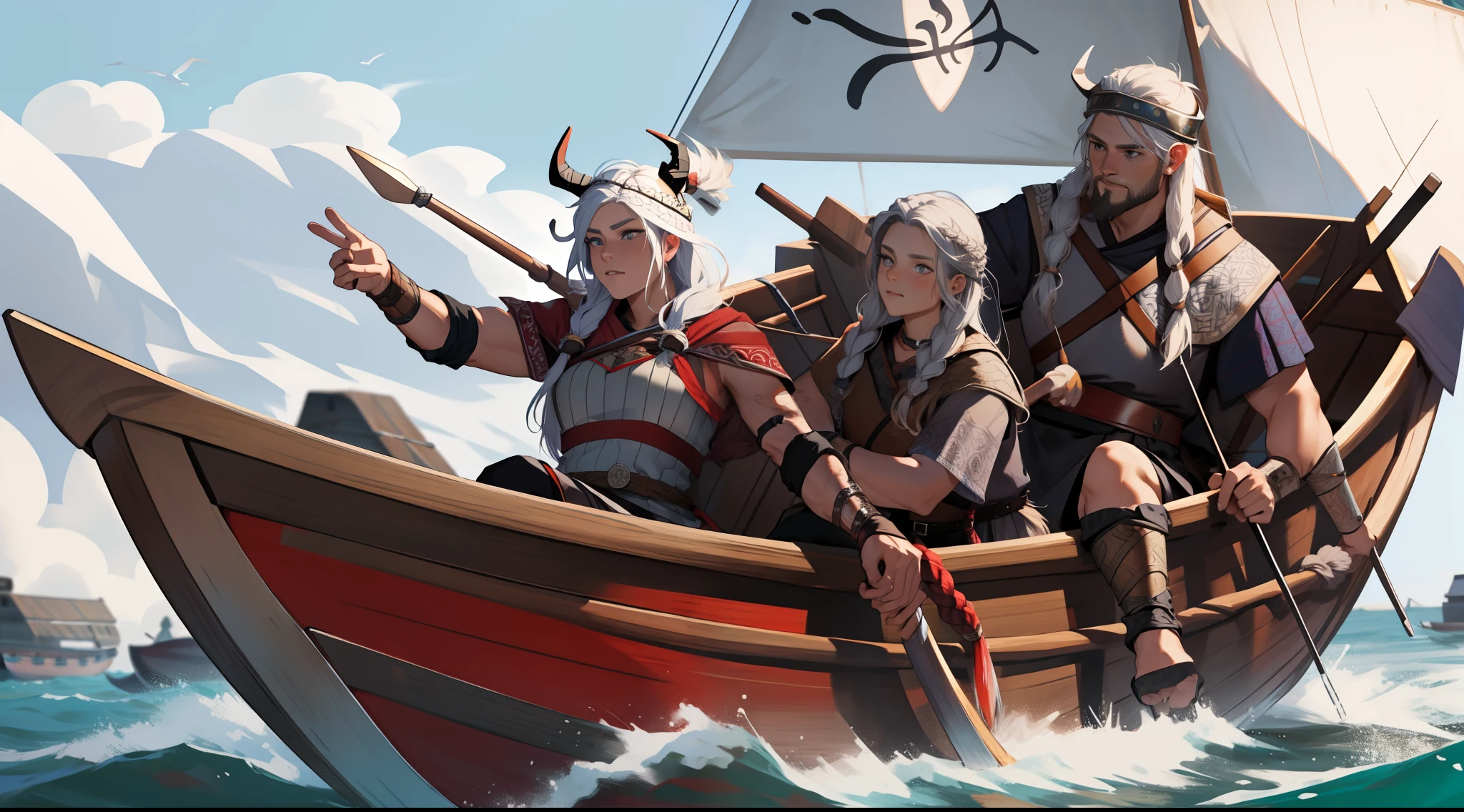 ((female viking) + (viking in a Drakkar boat)) . (muscle: 2.0)