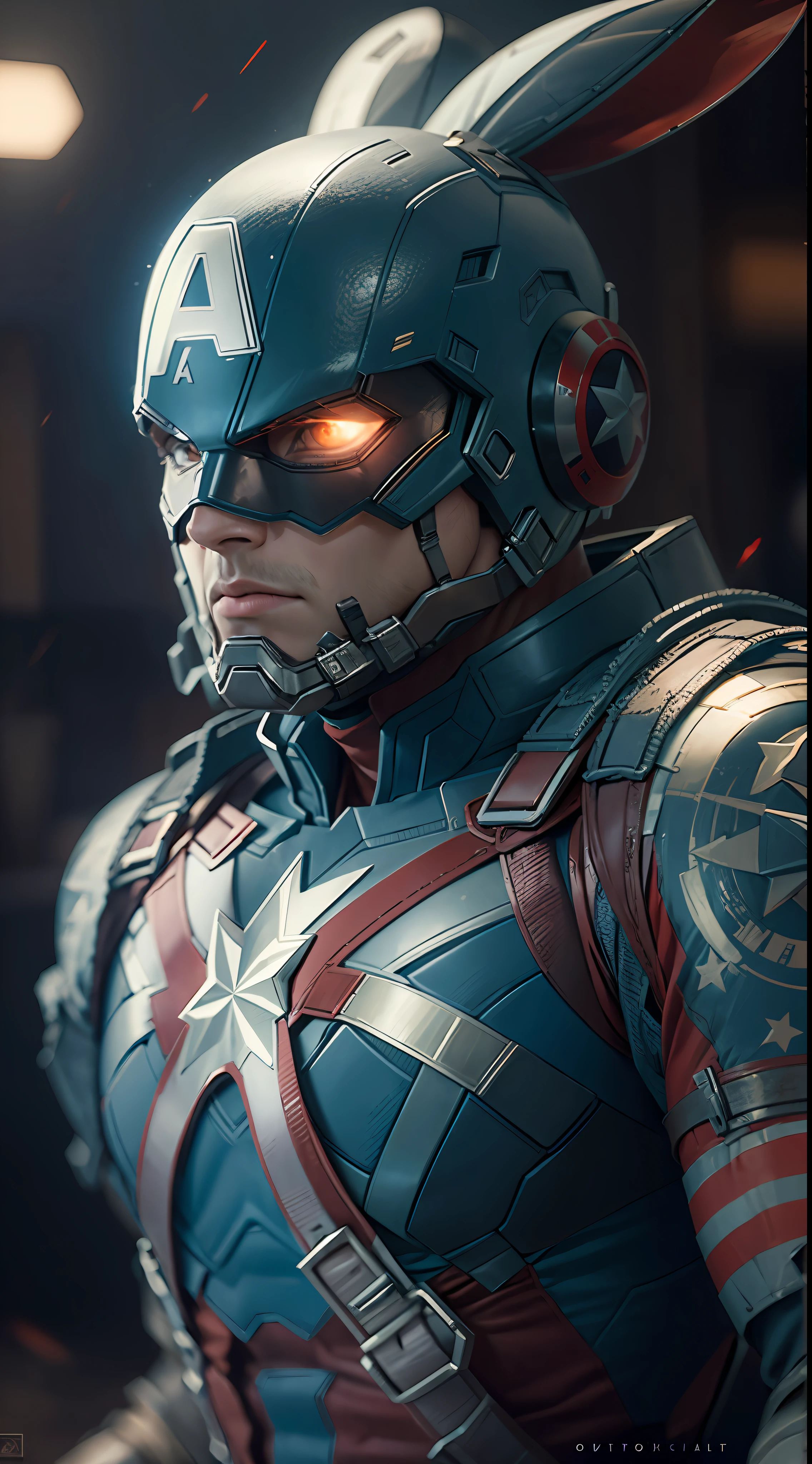 masterpiece, best quality, 8k, bunny robot captain america. Professional photograph of a stunning man detailed, cinematic lightning, octane render, unreal engine, volumetrics dtx