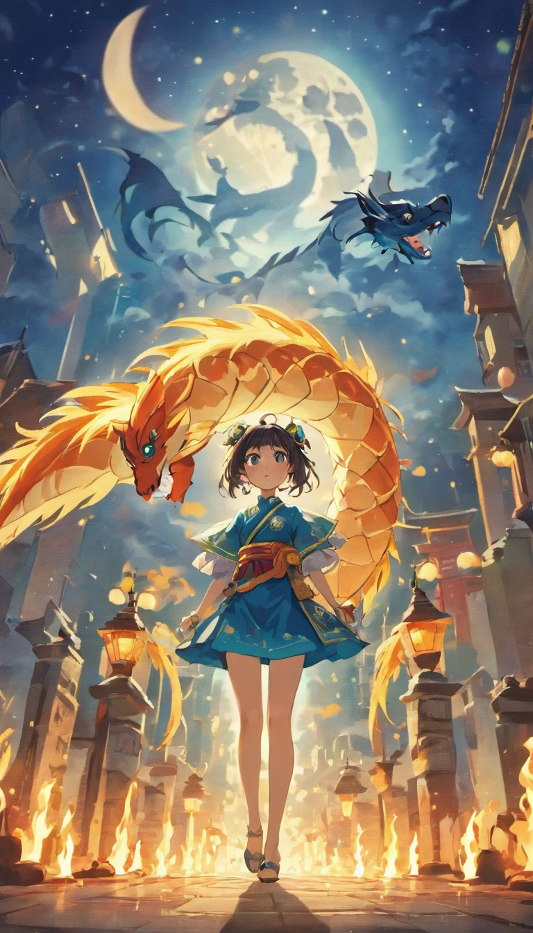 Mid-Autumn Festival、full moon、（（A Chinese dragon is in the sky）），themoon，As estrelas，Mooncake stalls、The lights will be lit、fire works、tradit、celebrating、enviroment、Plaza、Bamboo lanterns、the night、celebrating、Artistically、device、decor、resource，high definition resolution