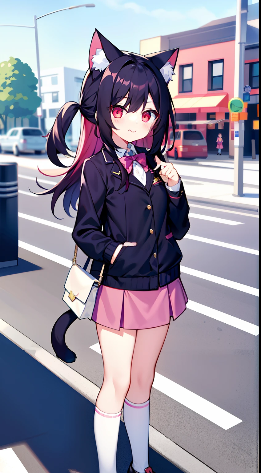 tmasterpiece, Need, 1girl, whaite hair, mid - length hair, cat ear, eye closeds, looking at viewert, :3, adolable, 围巾, jaket, short skirt,exteriors, the street,