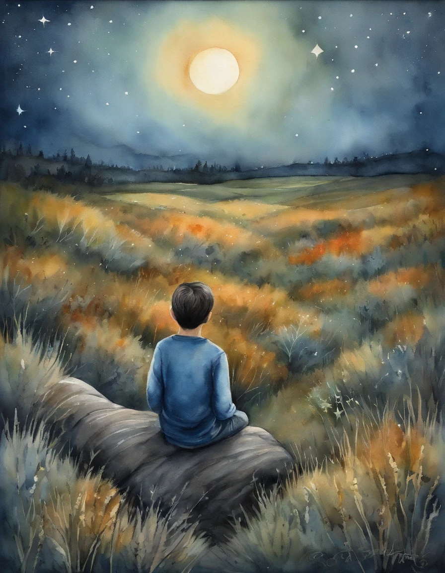 The boy under the stars sits with his back to the wormwood field Wormwood grows everywhere No face Looking at the universe The sky is full of stars Black hair Blue casual clothes Characters make up less than a quarter
