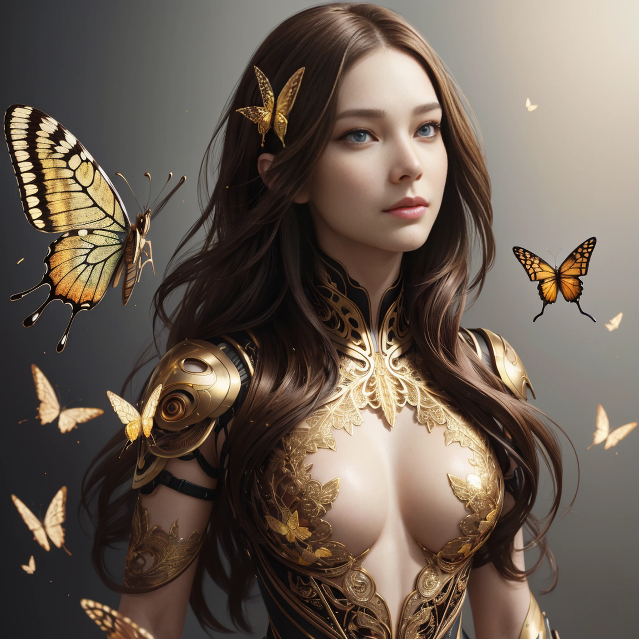 8k portrait of beautiful cyborg with brown hair, intricate, elegant, highly detailed, majestic, digital photography, art by artgerm and ruan jia and greg rutkowski surreal painting gold butterfly filigree, broken glass, (masterpiece, sidelighting, finely detailed beautiful eyes: 1.2), hdr,