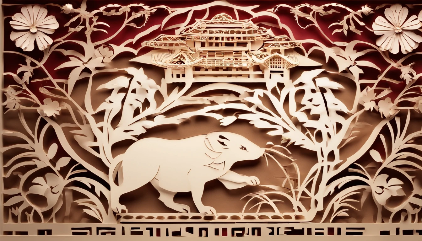 Zodiac rat,The zodiac cow is represented by shadow puppets,Round windows of ancient Chinese in black wood,Plump flowers as a match,Bright frontal light,The color is warm and reddish