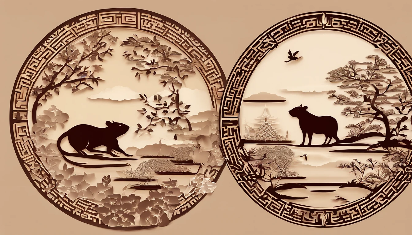 Zodiac rat，The zodiac cow is represented by shadow puppets，Round windows of ancient Chinese in black wood，Plump flowers as a match，Bright frontal light，The color is warm and reddish