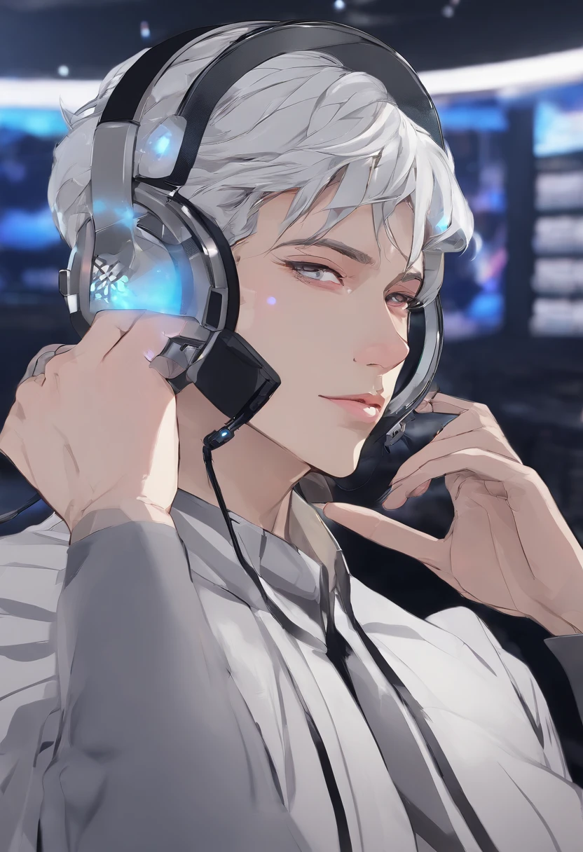 Distributor streamer male people Adult males Viola neons headphones Silver hair Gaming Desk Gaming Chair Gaming PC Internet Rin々Nice face from side sitting on kirakira optic distribution subculture creator tshirts microphone gamer games From above Esports keyboard