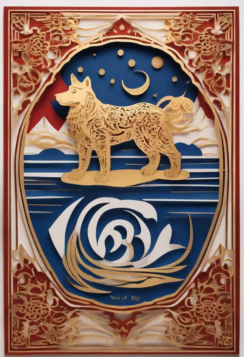 Paper Cuttings style,The Year of the Dog,Non-realistic,Golden, Blue, White,، simple,Commercial posters,delight