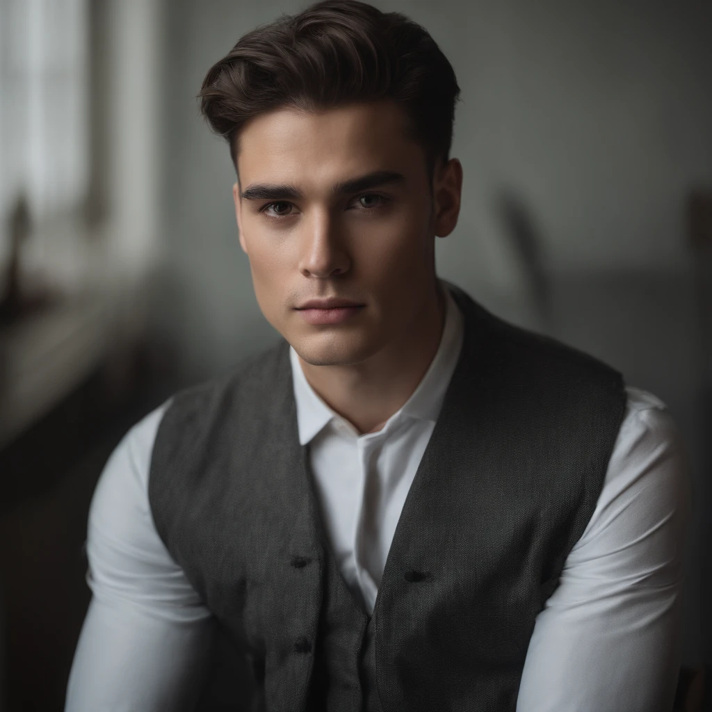 There is a young man, brunette color hair, Stare to the side, Gloomy air, Masterpiece, Best quality, Realistic, 1 man, Male focus, Handsome, [Thick eyebrows], Portrait, Extremely detailed face, Black hair, (Short hair)