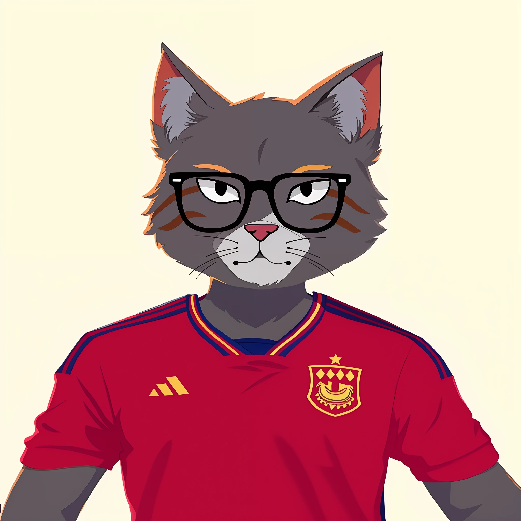 There's a cat wearing glasses and a red shirt, inspired by Óscar Domínguez, Tabaxi, anthropomorphic cat, inspirado em Oswaldo Viteri, Espanha Rodriguez, inspired by Sava Šumanović, anthropomorphic lynx, na copa do mundo, Directed by: Mario Dubsky, Telegrama Sticker, inspirado em Luis Enrique Camej