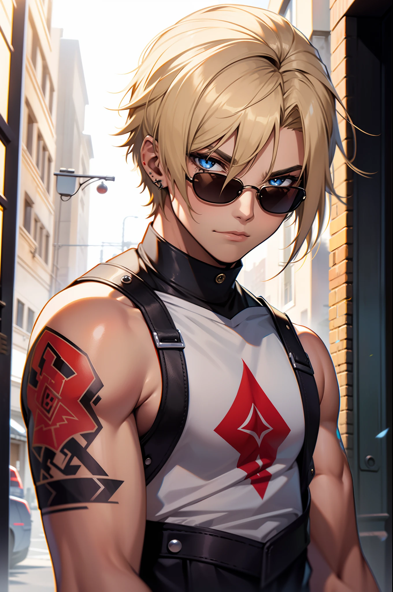 Full body of a young man, vague cyberpunk setting, medium to long length blonde hair, very pretty sharp features. Wide innocent blue eyes. Wearing a crop top that shows his midriff, lithe body