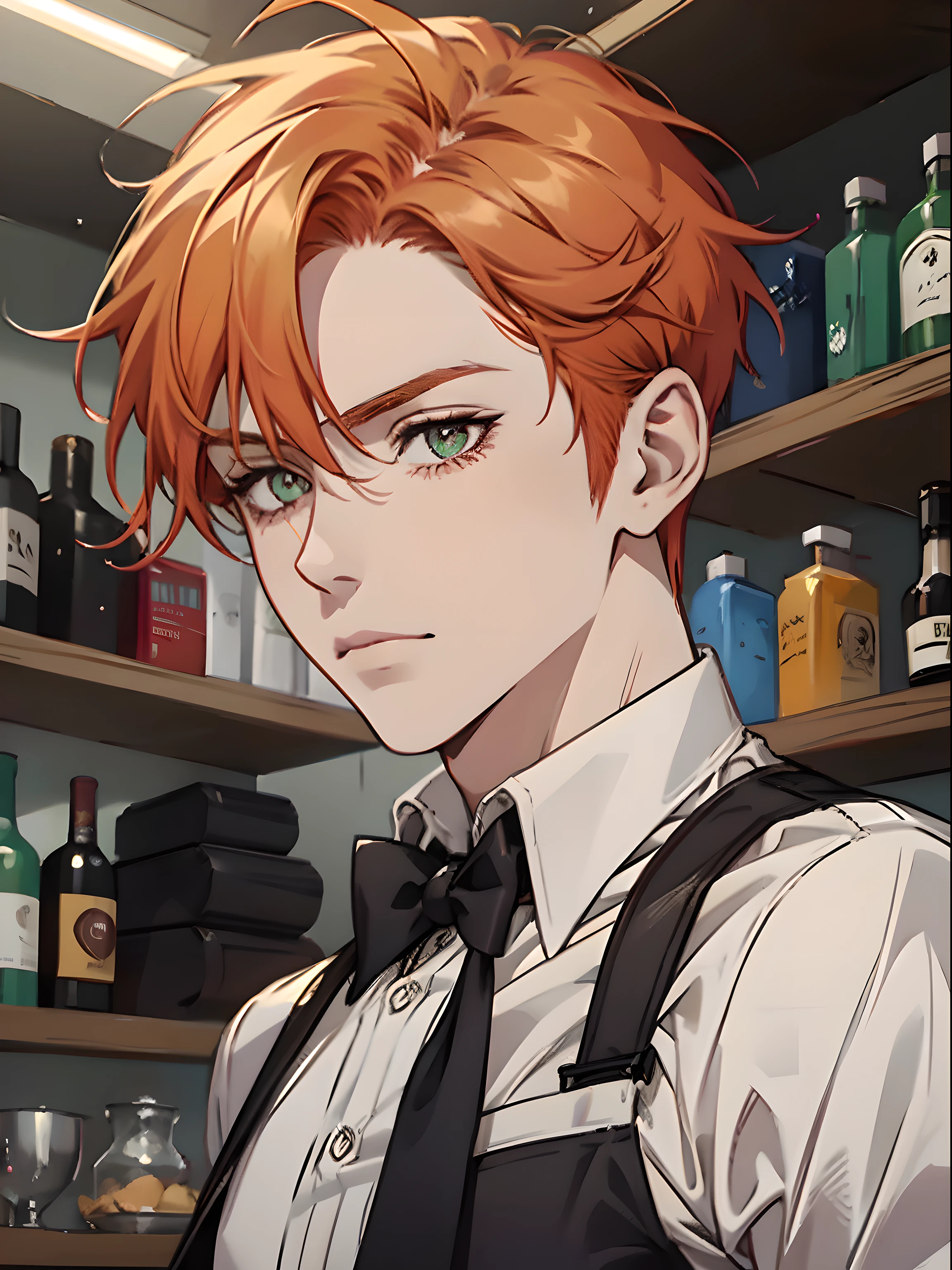 persimmon orange hair, asymmetrical bangs, 1male people, Very handsome features, Lime green eyes, from front, upper body, long hair, Bartender’s Clothing, White background, parted bangs, forehead, short hair, spiked hair, short sideburns, happy, tsurime, {{Ink}}, {{{best quality}}}, {{ultra-detailed}}, {{illustration}}, {extremely detailed CG}