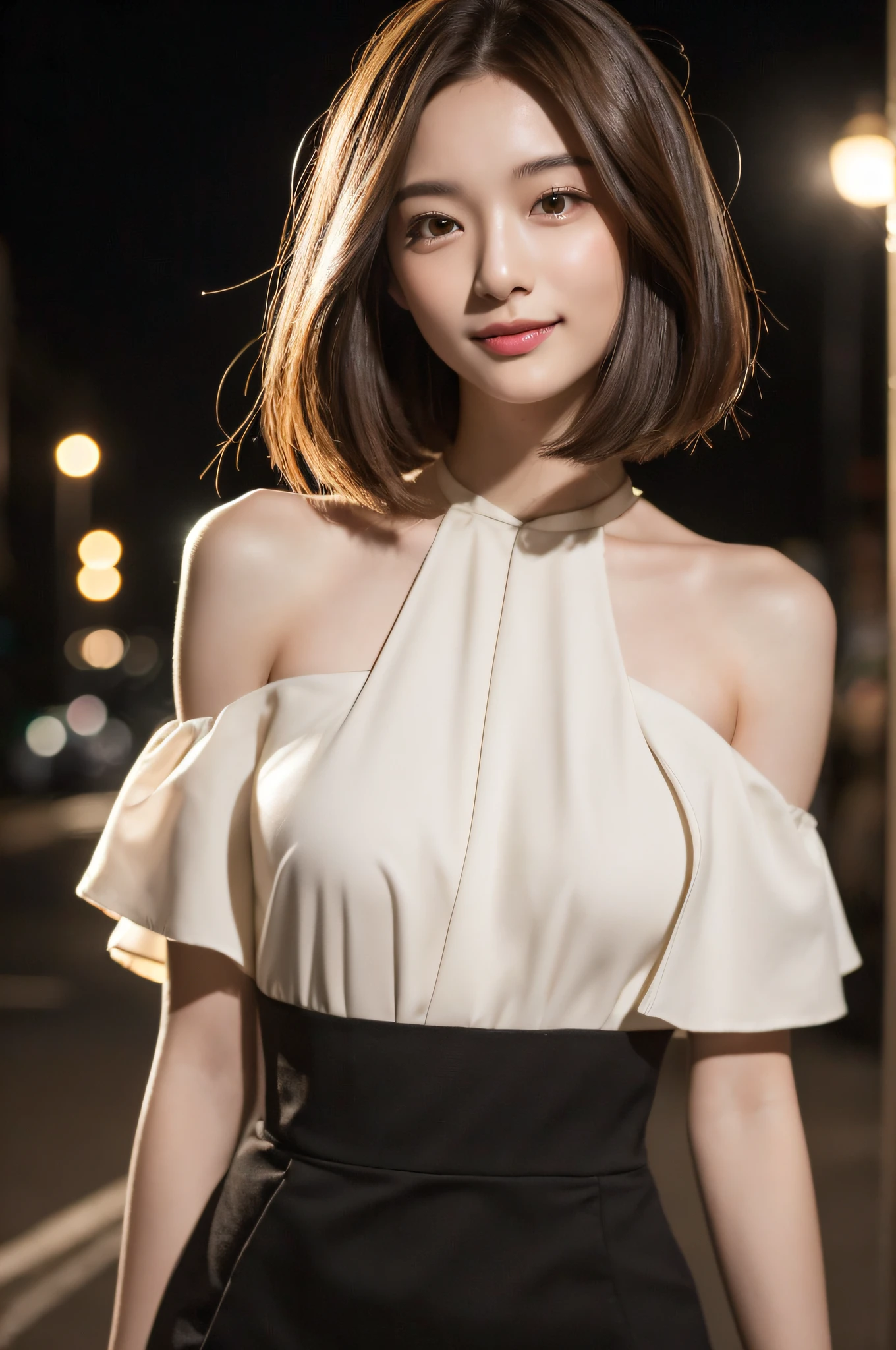 (Masterpiece:1.3), (8K, Photorealistic, Raw photography, Clear focus: 1.2, Best Quality:1.4), (1girl), Beautiful face, Realistic face, (Detailed face), Beautiful hairstyle, (Detailed bob hair), Realistic eyes, (Detailed eyes), Beautiful details, Realistic skin, (Detailed skin), Beautiful skin, Attractive, Ultra high definition, A hyper-realistic, Very detailed, Japanese beauty, (slim figure), gentle, brown bob hair, (super model figure), cute young Japanese girl, pretty young Japanese girl, (Outdoor, night: 1.1), City Street, smile, wide shot, off shoulder dresses, sexy