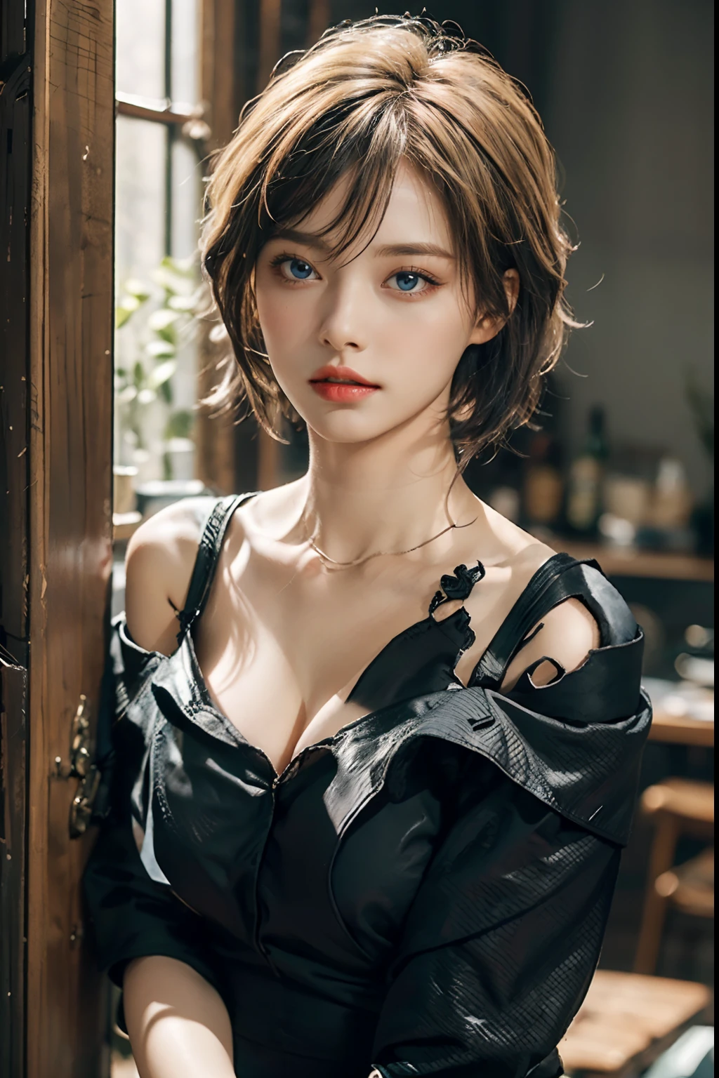 22-year-old woman、(hi-top fade:1.3)、length hair、Blue eyes、Dark theme、Soothing tones、Subdued Color、highly contrast、Colossal tits、(cleavage of the breast)、Off-the-shoulder see-through dresses、The upper part of the body、(natural skin textures、Hyper-Realism、Soft light、sharp)、(a blond)、appearance々Background