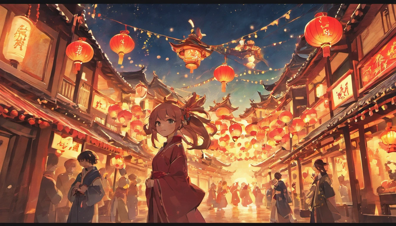 New Year,Chinese-style town,nigh sky,decorations,Hanging Chinese lanterns,fire works,No Man,A Chinese dragon