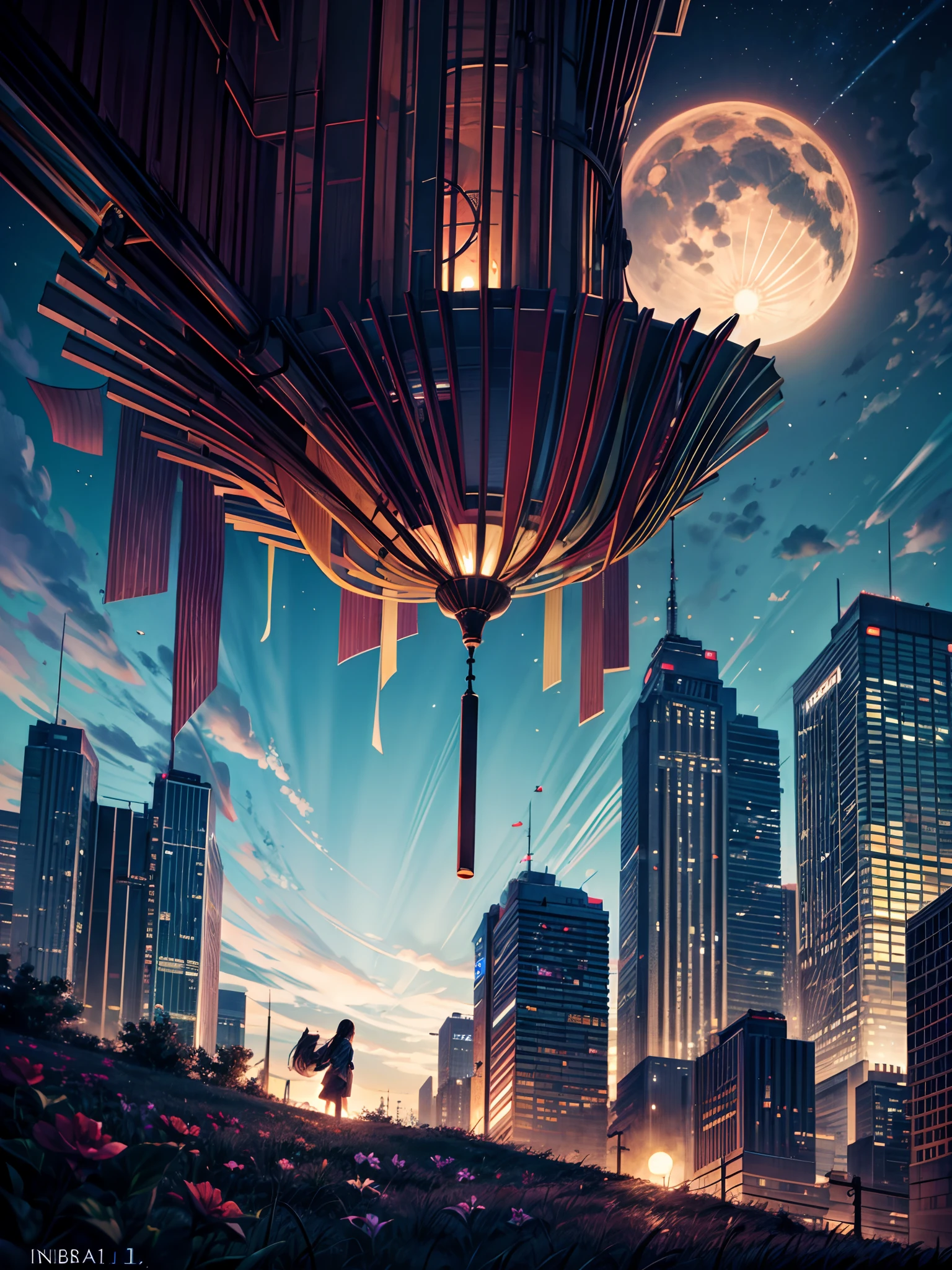 LANDSCAPE PHOTO (SEEN FROM BELOW, SKY ABOVE, FIELD BELOW), GIRL STANDING IN FLOWER GARDEN LOOKS UP (FULL MOON: 1.2), (METEOR: 0.9), (NEBULA: 1.3), DISTANT MOUNTAINS, TREES BREAK CRAFTING ART, (WARM LIGHT: 1.2), (FIREFLY: 1.2), LIGHTS, LOTS OF PURPLE AND ORANGE, INTRICATE DETAILS, VOLUMETRIC LIGHTING BREAK (MASTERPIECE: 1.2), ( Best Quality), 4K, Ultra Detailed, (Dynamic Composition: 1.4), Rich in Detail and Color, (Iridescent: 1.2), (Glow, Atmospheric Lighting), Dreamy, Magical, (Solo: 1.2)