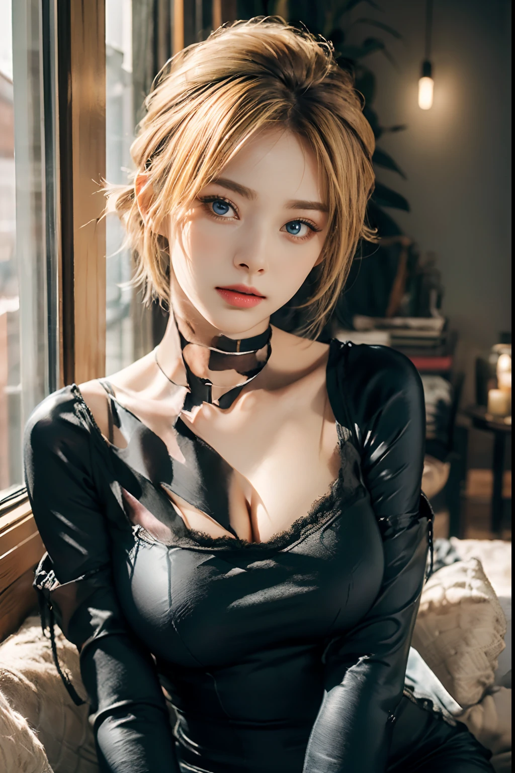 22-year-old woman、(hi-top fade:1.3)、length hair、Blue eyes、Dark theme、Soothing tones、Subdued Color、highly contrast、Colossal tits、(cleavage of the breast)、Off-the-shoulder see-through black dress、The upper part of the body、(natural skin textures、Hyper-Realism、Soft light、sharp)、(a blond)
