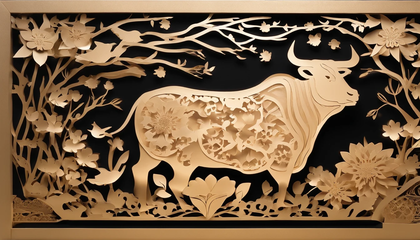 Zodiac cattle，The zodiac cow is represented by shadow puppets，Round windows of ancient Chinese in black wood，Plump flowers as a match，Bright frontal light，The color is warm and reddish