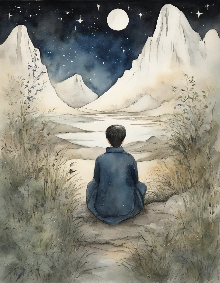 The boy under the stars sits with his back to the wormwood grass Wormwood grows everywhere No face Look at the sky Black hair Ink style Chinese style clothes Characters make up less than a quarter