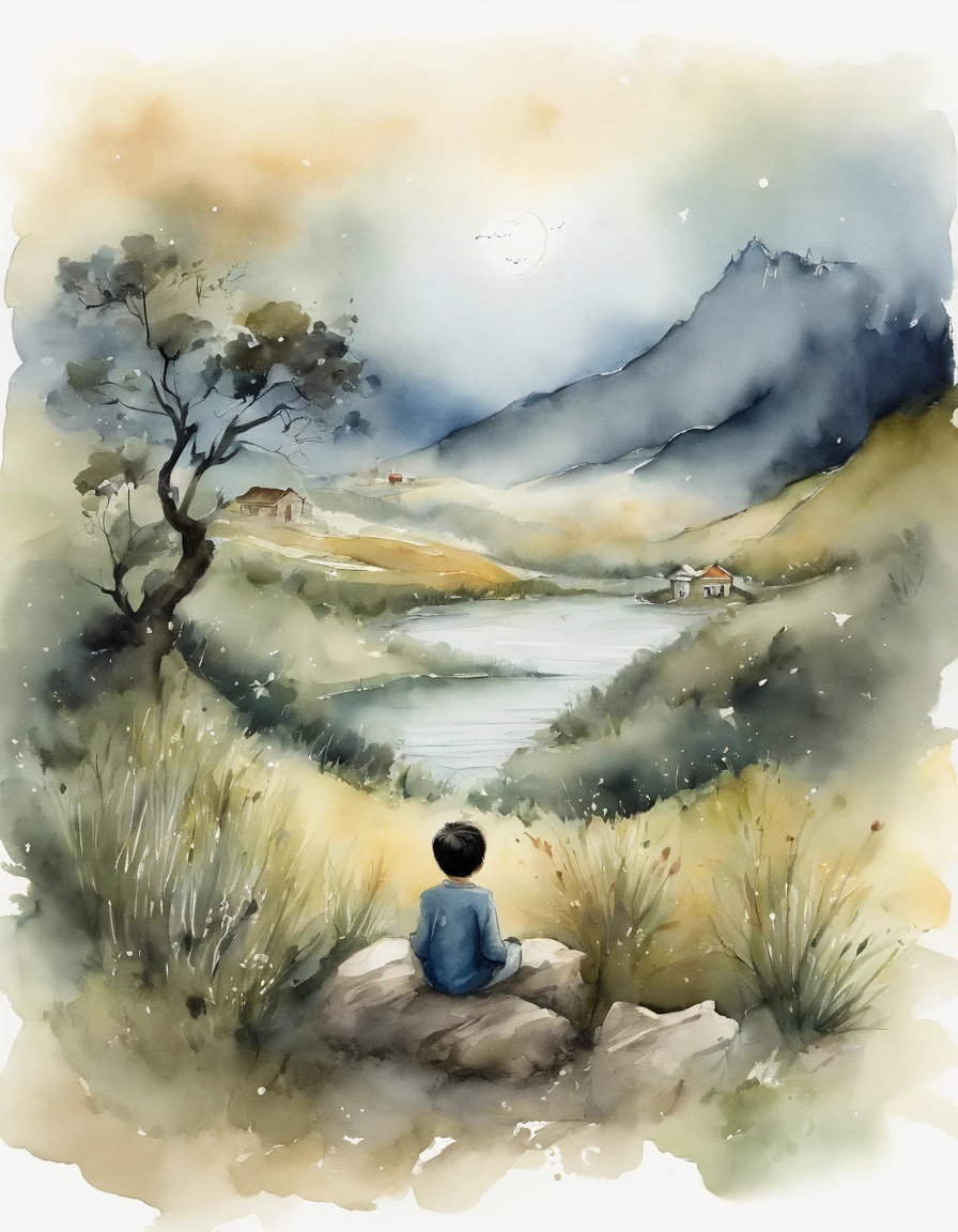 The boy under the stars sits with his back to the wormwood grass Wormwood grows everywhere No face Look at the sky Black hair Ink style Chinese style clothes Characters make up less than a quarter