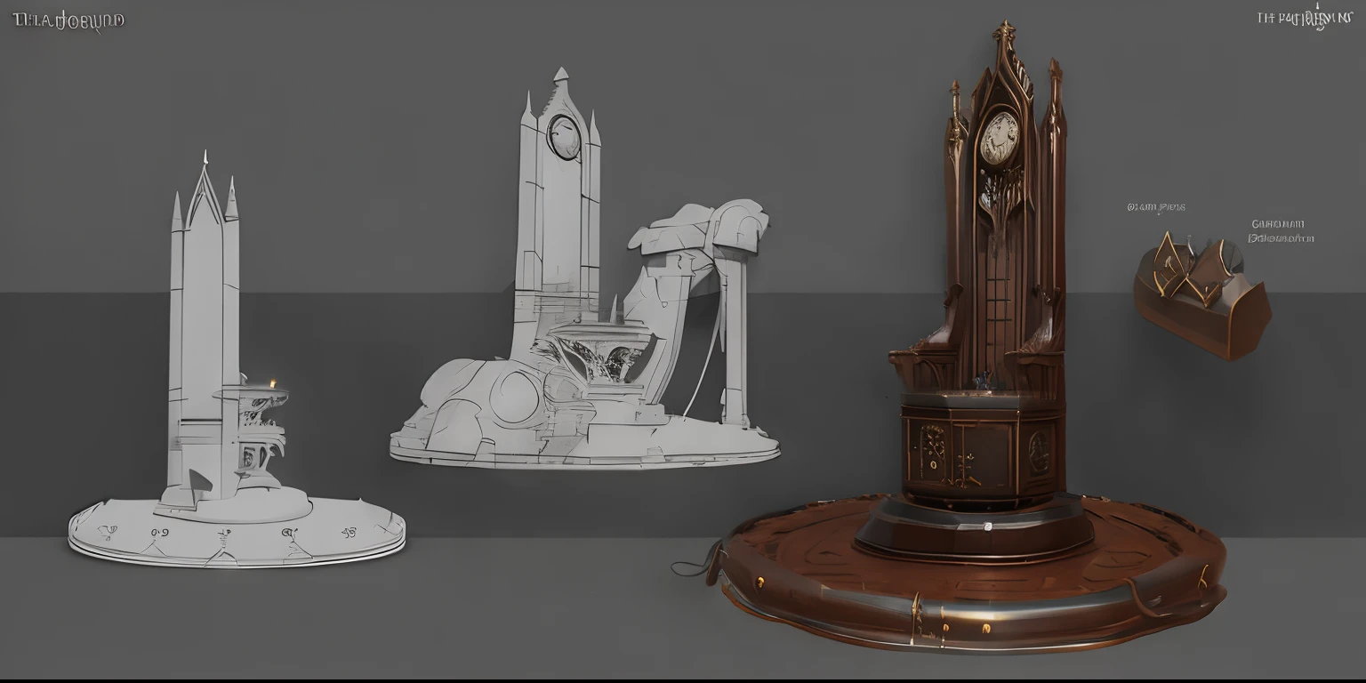 There are three different types of clocks on the table, object concept art, artstation concept, trending on polycount, artstation concept art, Gothic epic library concept, polycount contest winner, senior concept artist, as seen on artstation, Trend at Artstation, by senior environment artist, lying a throne in a fantasy land, 3d concept art