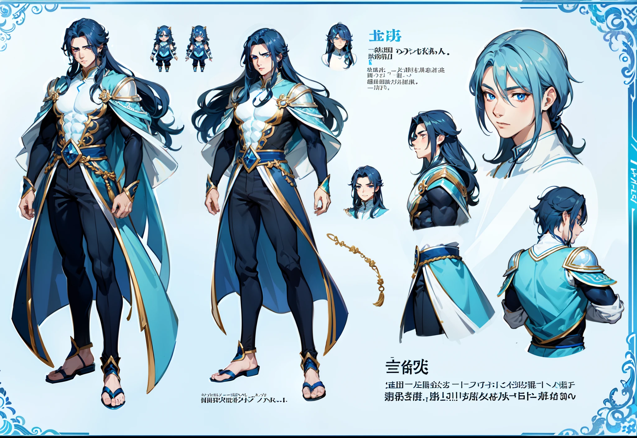 1boy, single, asian boy, reference sheet, character design, front angle, side angle, rear angle, dynamic poses, A muscular male genie, (masterpiece:1.2), (best quality:1.3), ice fantasy outfit, muscle body, athletic body. (Blue eyes), (long hair), (long bangs), (blue hair), (pale skin), (reference sheet:1.5)