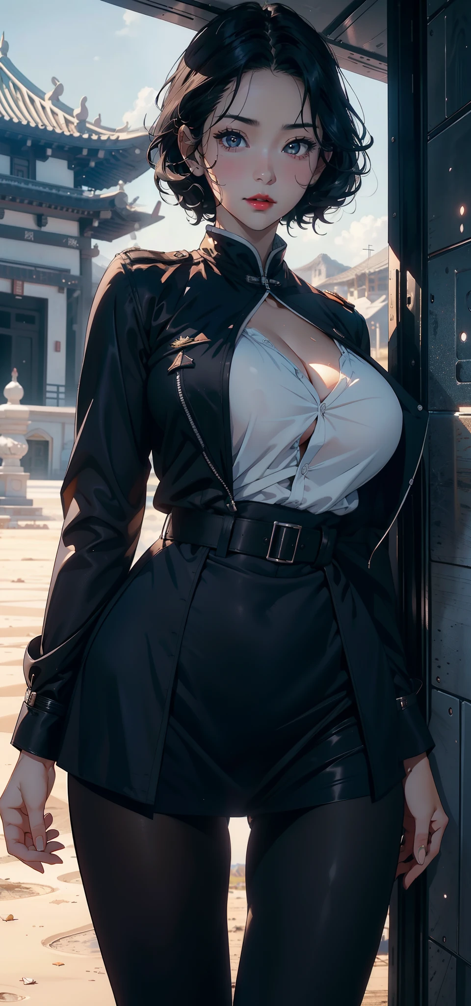 1female，35yo，plumw，extremely large bosom， 独奏，（Background with：A desert，aerodrome，Planes） She has very short black hair，bobo head，Stand on the plane，，seen from the front， curlies， mostly cloudy sky，（（（tmasterpiece），（Very detailed CG unity 8K wallpaper），best qualtiy，cinmatic lighting，detailed back ground，beatiful detailed eyes，Bright pupils，Black eyes，Snow-white skin，Redlip（Very fine and beautiful），（Beautiful and detailed eye description），ultra - detailed，tmasterpiece，）），facing at camera，A high resolution，ultra - detailed），revealing breasts，Bare genitalia，  Bulge，legs are open，Raised sexy，Camel toes，Flushed complexion，Desire for dissatisfaction，frontage，Chinese Air Force，Aviator，military officer（Wearing：black suit jacket，White transparent shirt，tiese，black short skirt，Black pantyhose，Bare breasts）