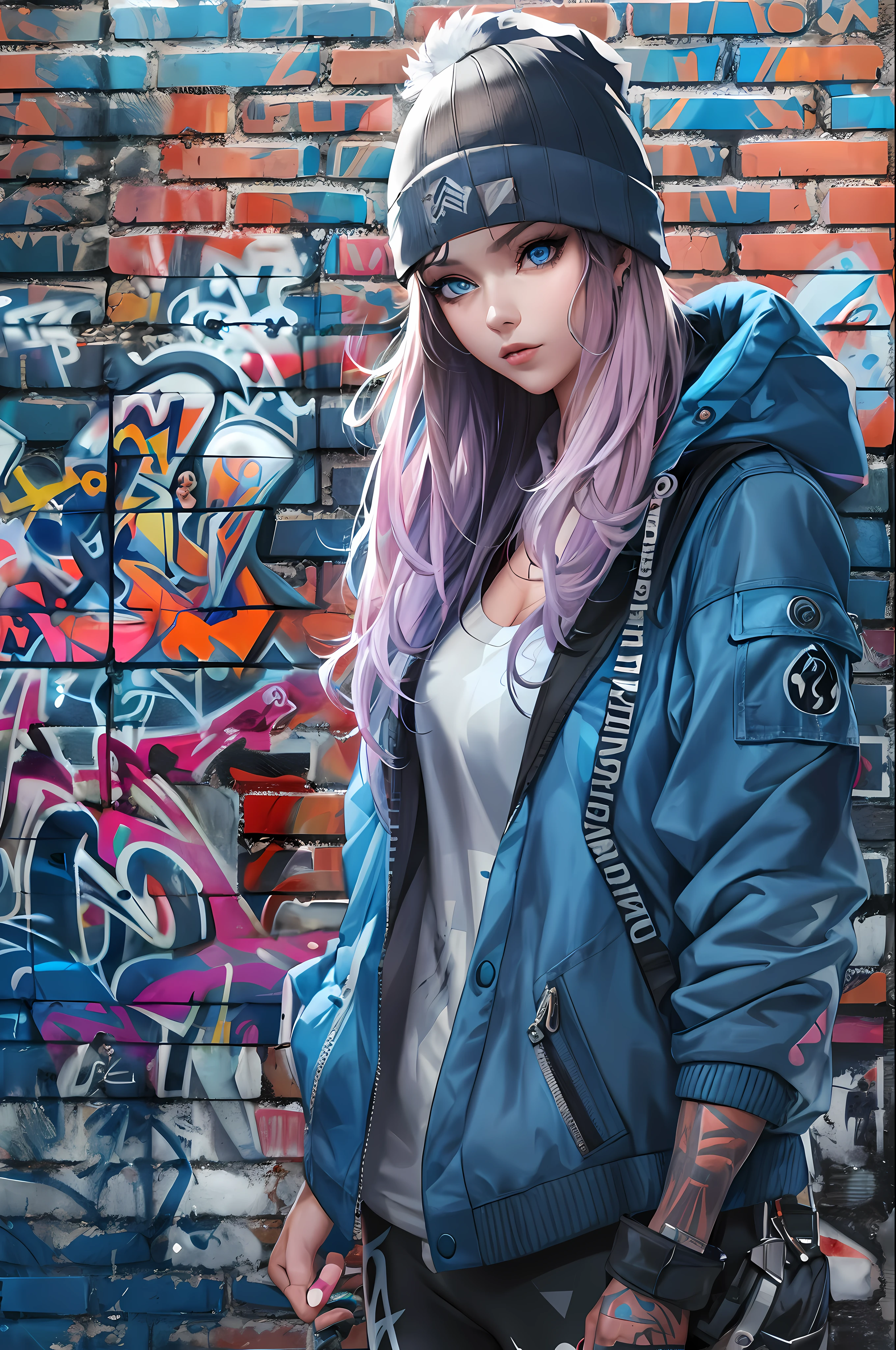 (masterpiece:1.2, best quality), (graffiti wall:1.15), 1lady, beanie, jacket, Leggings, blue eyes, fullbody,