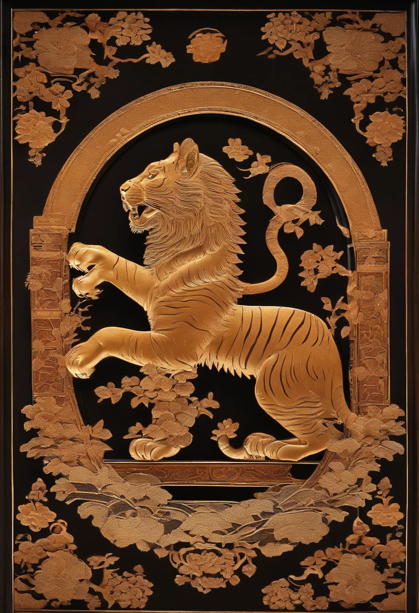 Zodiac Tiger，The zodiac tiger is represented by shadow puppets，Round windows of ancient Chinese in black wood，Plump flowers as a match，Bright frontal light，The color is warm and reddish