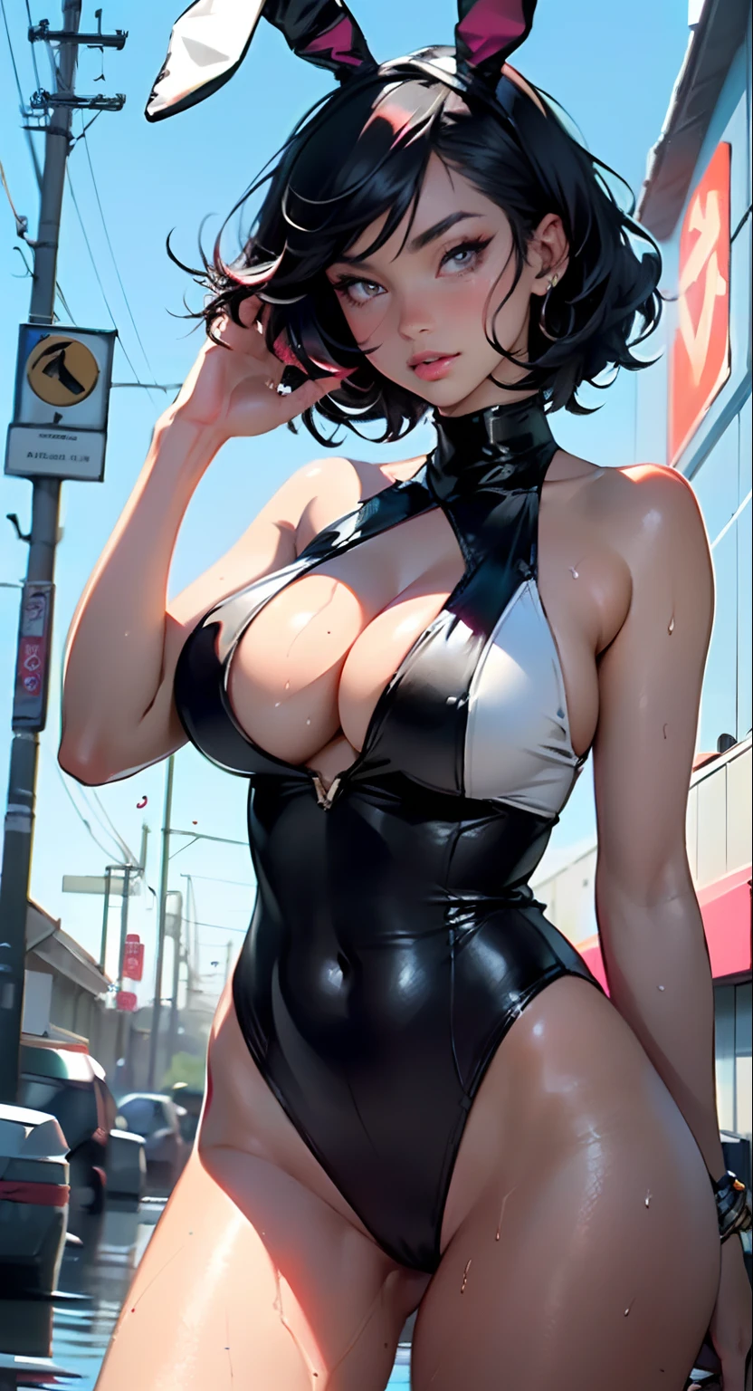 cute bunny girl,(((1girl))),((bunny girl with extremely cute and beautiful black hair)),(((bunny girl,anthro furry cute,bunny-girl,bunny ears,bunny ears on head,big bunny ears))),


(large breasts:1.4),saggy breasts,(((black hair:1.35,colored inner hair,ear breathing,short hair))),((heterochromia:1.5,eye1 red,eye2 orange,perfect eyes,upturned eyes:1.3,beautiful detailed eyes,finely detailed beautiful eyes:1,big highlight on eyes:1.2,slanted eyes)),((fat)),(((lustrous skin:1.5,bright skin: 1.5,skin tanned,shiny skin,very shiny skin,shiny body,plastic glitter skin,exaggerated shiny skin,illuminated skin,wet legs))),(spider lower abdomen,narrow waist,wide hip,athletic body,inflated legs,delicate detailed fingers,detailed body,human hands,(detailed face)),

cute,slutty,seductive,erotic,(((nsfw))),

(((slingshot swimsuit))),(((huge cleavage))),((wet clothes,detailed outfit,detailed clothes)),

(dynamic pose:1.0),solo focus,embarrassed,(centered,scale to fit dimensions,Rule of thirds),

cyberpunk city by the ocean at night, with bright neon signs and dark stormy clouds and puddles,

High resolution, sharp focus, (ultra detailed, extremely detailed), (photorealistic artwork:1.37), 8k wallpaper,((synthwave background theme)),(((vibrant colors,))),(intricate),masterpiece,(best quality),synthwave neon colors,