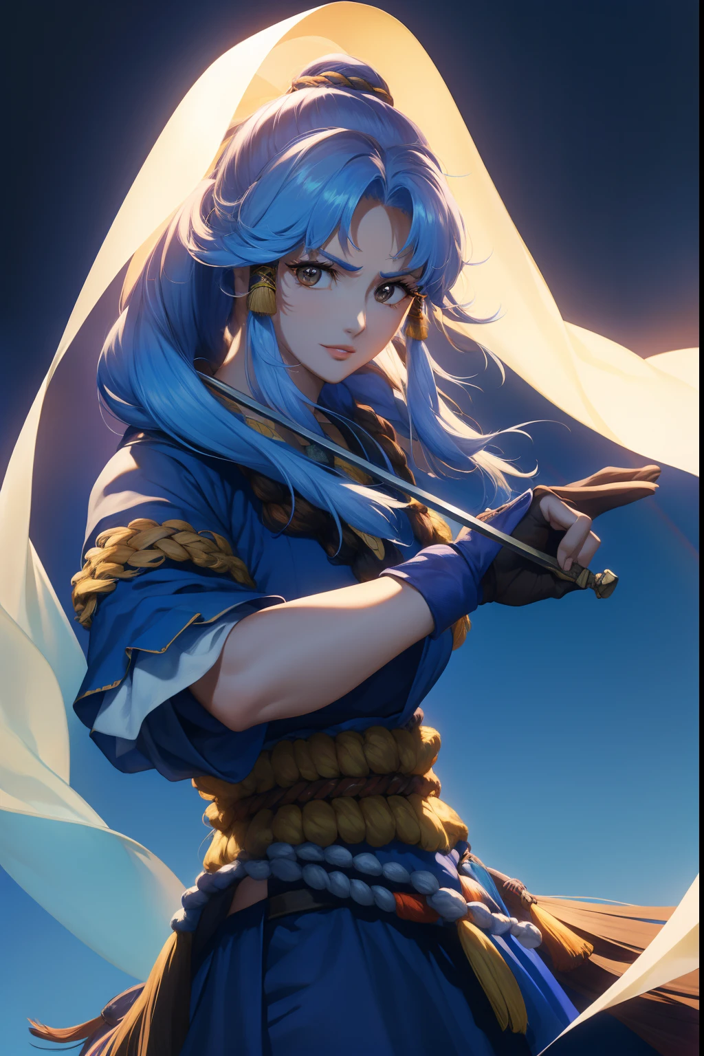 Homem usando roupas antigas hunfa wuxia, cabelos negros longos, sedosos, olhar selvagem, viril e bonito, roupas cor negra, arrogante, gesturing with his left hand and wielding a long sword with his right hand, arte detalhada, epic