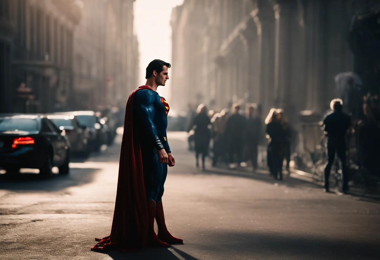 Create a scene where iconic superheroes (superman:1.5), find themselves stuck in a mundane traffic jam while in full costume, discussing their day-to-day struggles