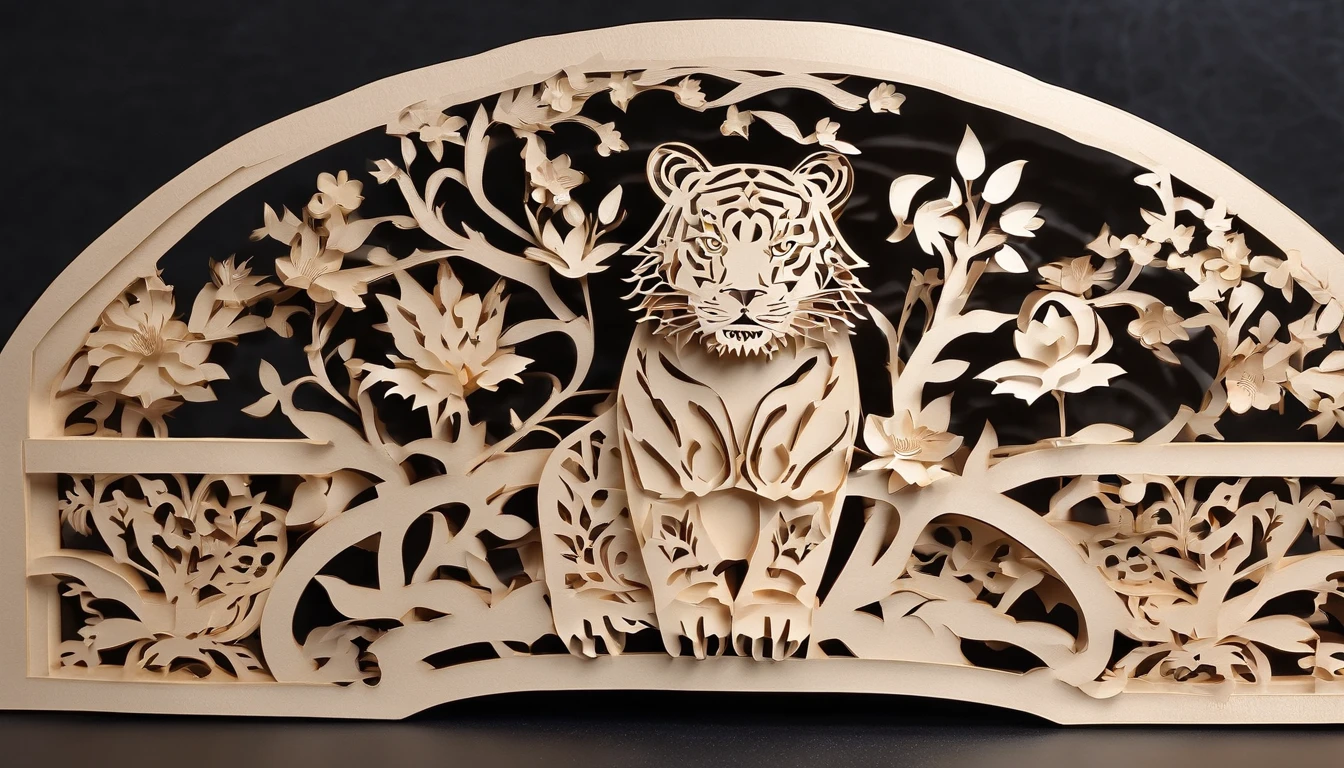 Zodiac Tiger,The zodiac tiger is represented by shadow puppets,Round windows of ancient Chinese in black wood,Plump flowers as a match,Bright frontal light,The color is warm and reddish