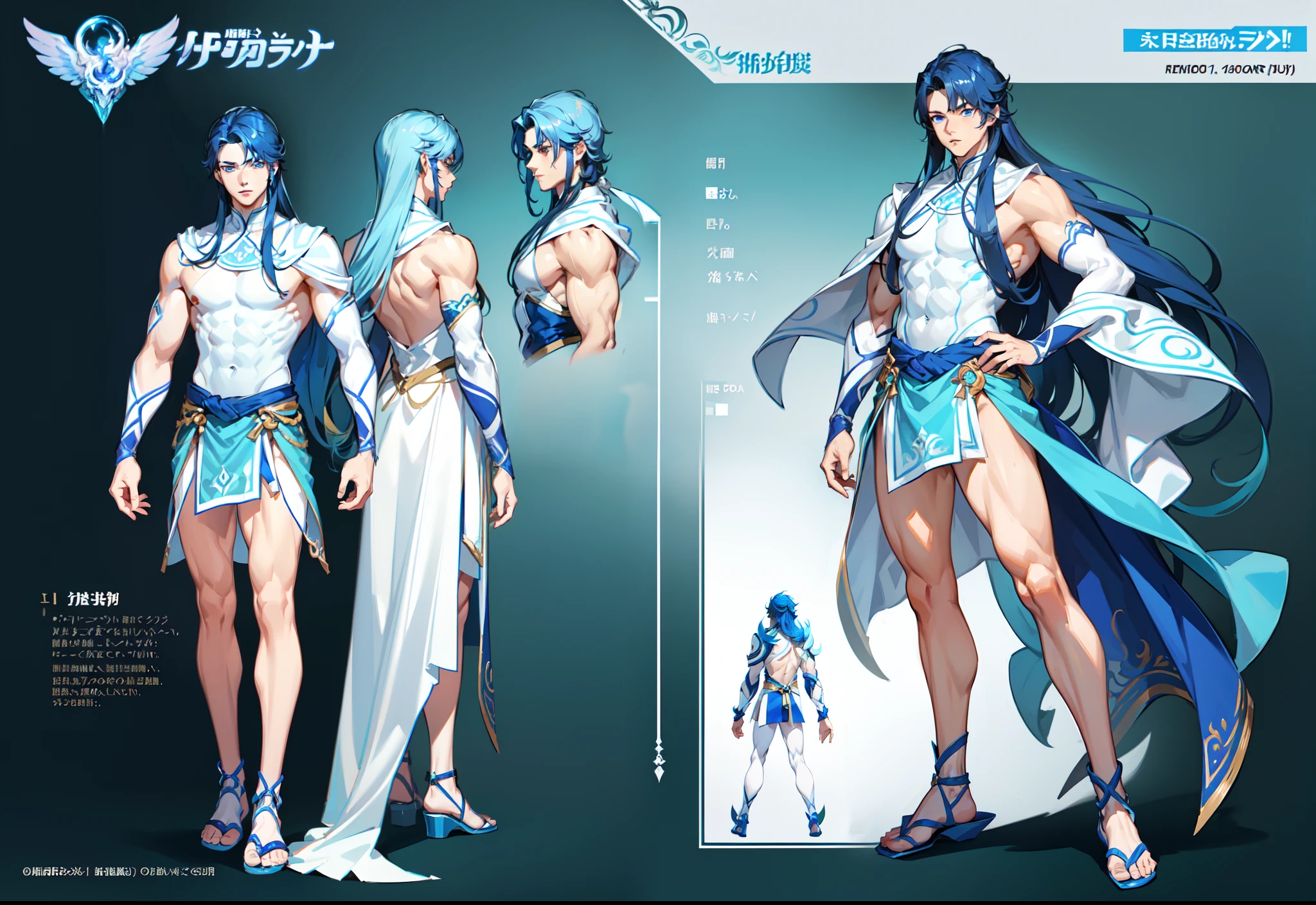 1boy, single, asian boy, reference sheet, character design, front angle, side angle, rear angle, dynamic poses, (masterpiece:1.2), (best quality:1.3), A muscular male genie, ice fantasy outfit, muscle body, athletic body. (Blue eyes), (long hair), (long bangs), (blue hair), (pale skin), (reference sheet:1.5)