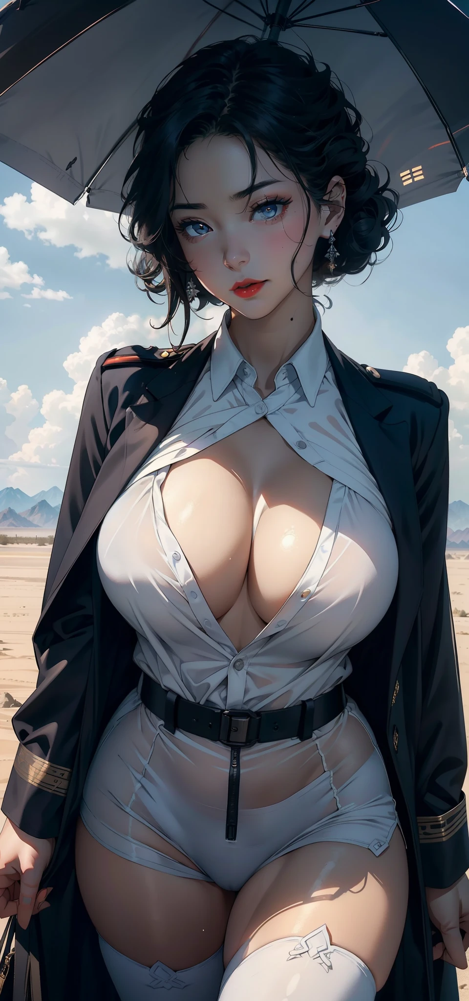 1female,35yo,plumw,extremely large bosom, 独奏,(Background with:A desert,aerodrome,Planes) She has very short black hair,bobo head,Stand on the plane,,seen from the front, curlies, mostly cloudy sky,(((tmasterpiece),(Very detailed CG unity 8K wallpaper),best qualtiy,cinmatic lighting,detailed back ground,beatiful detailed eyes,Bright pupils,Black eyes,Snow-white skin,Redlip(Very fine and beautiful),(Beautiful and detailed eye description),ultra - detailed,tmasterpiece,)),facing at camera,A high resolution,ultra - detailed),revealing breasts,Bare genitalia, Bulge,legs are open,Raised sexy,Camel toes,Flushed complexion,Desire for dissatisfaction,frontage,Chinese Air Force,Aviator,military officer(Wearing:black suit jacket,White transparent shirt,tiese,black short skirt,Black pantyhose,Bare breasts)