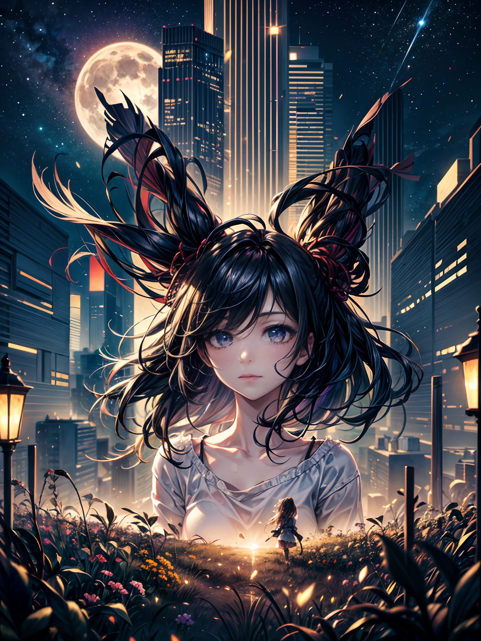 LANDSCAPE PHOTO (SEEN FROM BELOW, SKY ABOVE, FIELD BELOW), GIRL STANDING IN FLOWER GARDEN LOOKS UP (FULL MOON: 1.2), (METEOR: 0.9), (NEBULA: 1.3), DISTANT MOUNTAINS, TREES BREAK CRAFTING ART, (WARM LIGHT: 1.2), (FIREFLY: 1.2), LIGHTS, LOTS OF PURPLE AND ORANGE, INTRICATE DETAILS, VOLUMETRIC LIGHTING BREAK (MASTERPIECE: 1.2), ( Best Quality), 4K, Ultra Detailed, (Dynamic Composition: 1.4), Rich in Detail and Color, (Iridescent: 1.2), (Glow, Atmospheric Lighting), Dreamy, Magical, (Solo: 1.2)