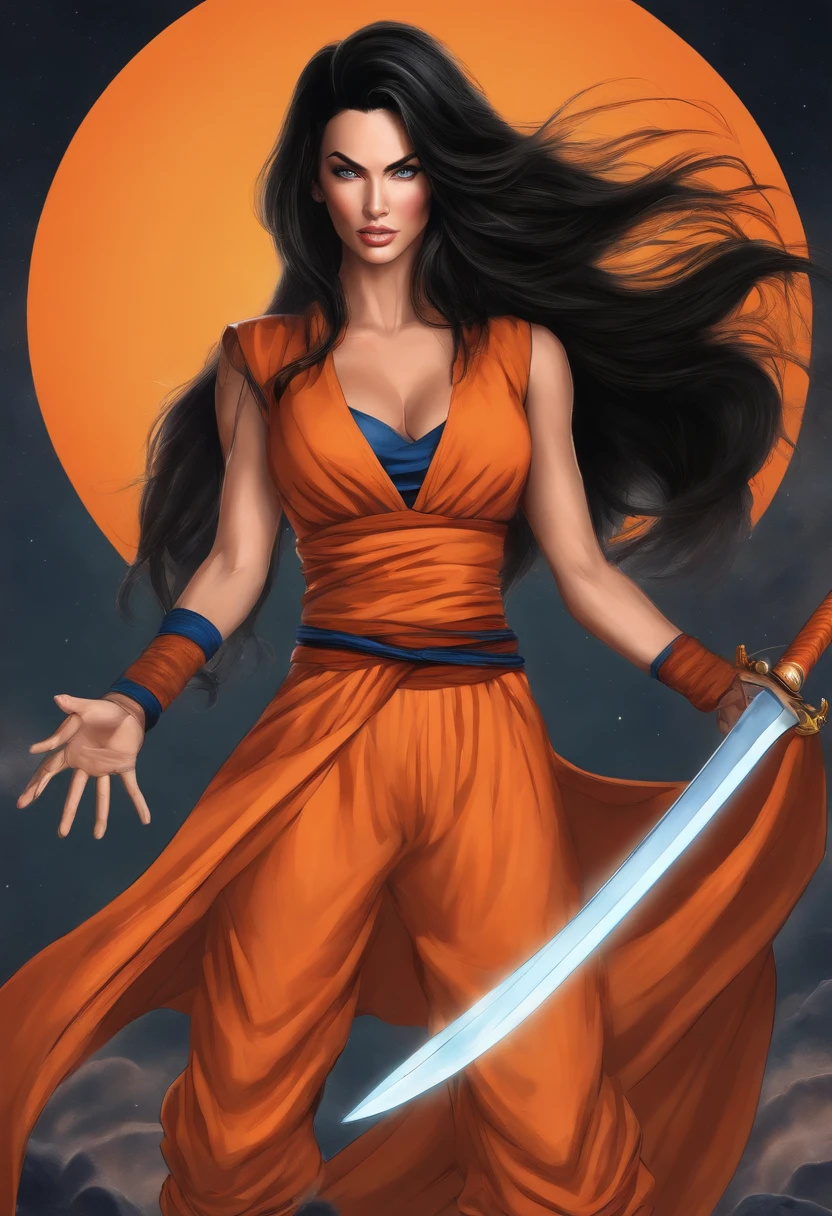 uma lutadora no estilo super realista, mulher super realista, cores vivas, cores intensas, cores brilhantes, roupa no estilo de goku de dragona ball, mulher com a roupa de goku de dragona ball, roupa laranja, arte no estilo Megan-Fox, Megan-FOx linda, Megan Fox com roupa de Son Goku, Megan Fox + Son Goku