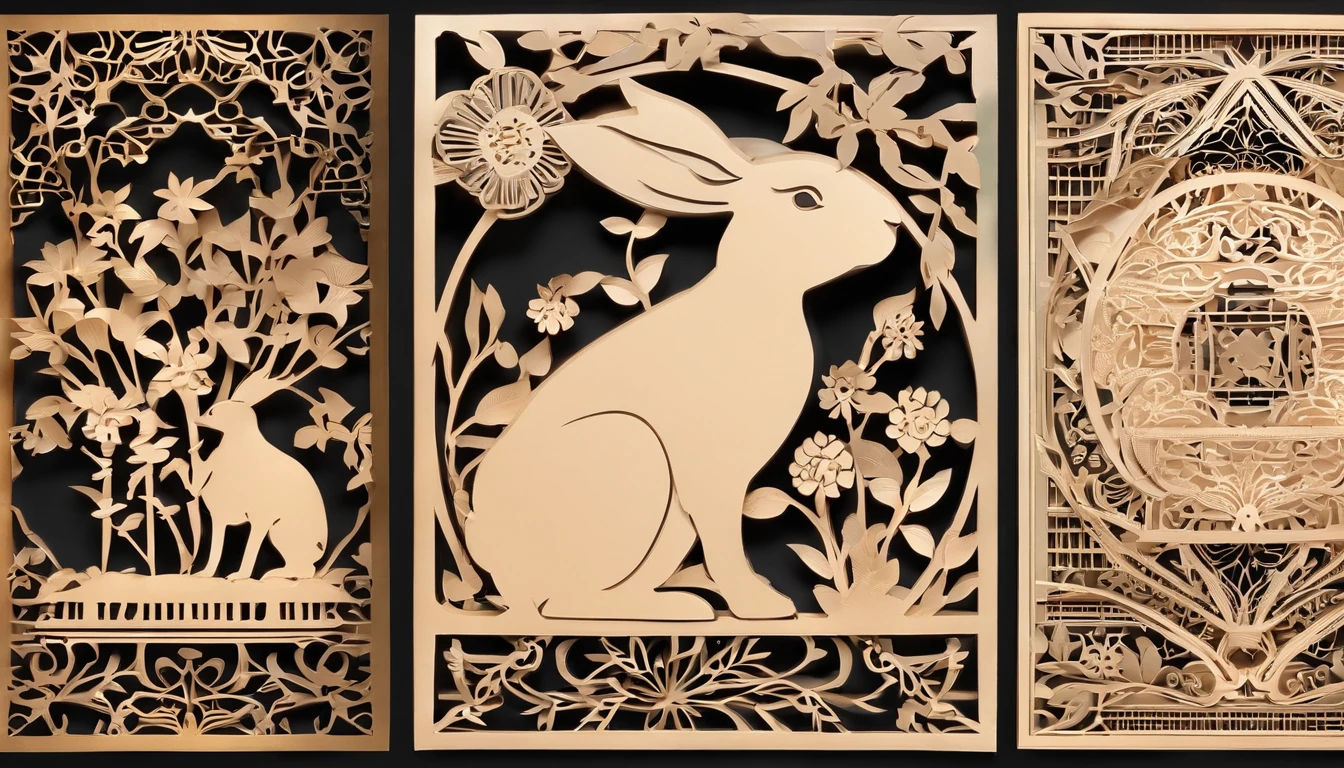 Zodiac rabbit,The zodiac rabbit is represented by shadow puppets,Round windows of ancient Chinese in black wood,Plump flowers as a match,Bright frontal light,The color is warm and reddish
