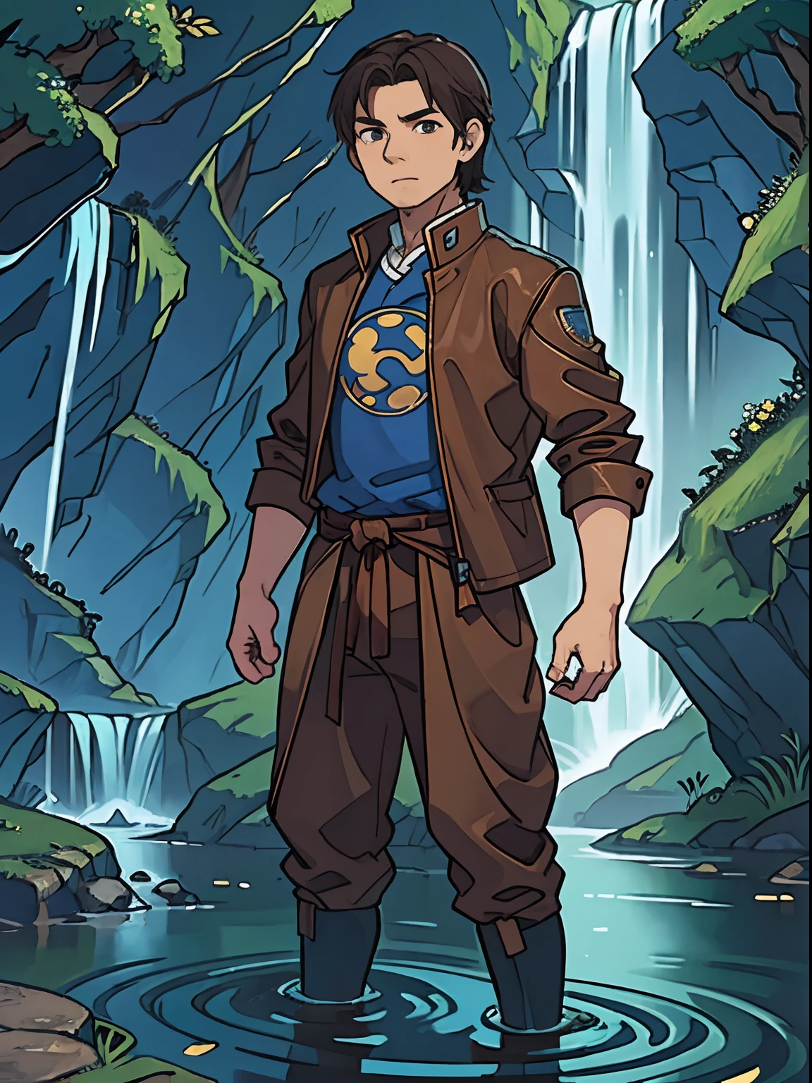 A Taoist priest, Wearing brown leather jacket, blue t-shirt, 30 yeas old, brown hair, standing in water, had his hands folded, The background is a waterfall, Ultra-wide angle, Masterpiece, Anatomically correct, Super detail