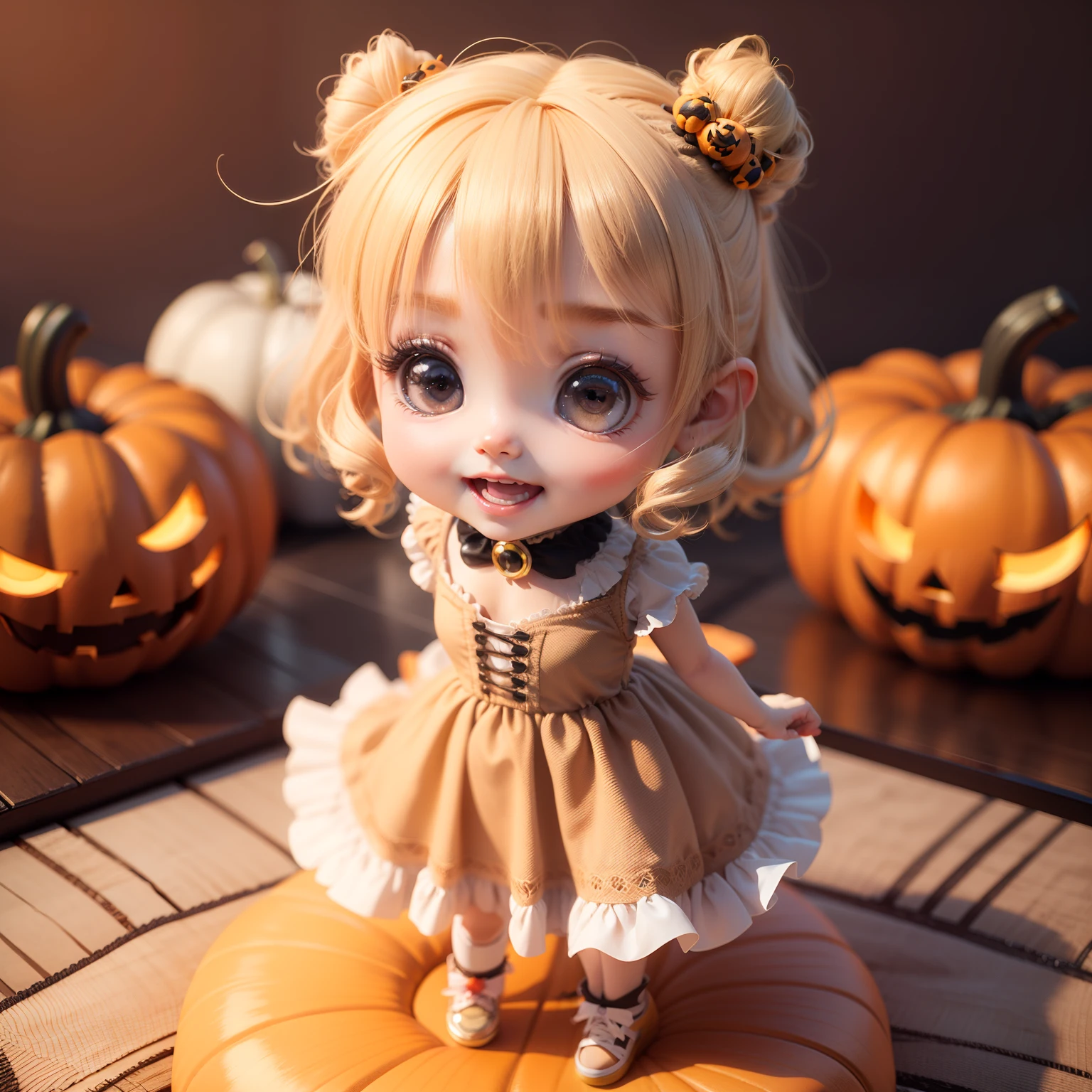 Cute Baby Chibi Anime,(((Chibi 3D))) (Best Quality) (Master Price)、fashion modell、Chibi Halloween Party Venue、Open your mouth and smile、A detailed face、Standing、Beige hair