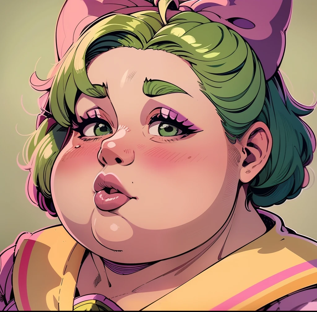 Obese woman，Green short bob hair，a sailor suit，purple bow hair accessory，Pink tones，high qulity，Thick lips，Big nose，Extreme obesity，Fat Chubby，head portrait，double chin，Grease，Super fat，crossed bangs，The weight of a fat pig，Big fat man，Lovecraft，Thick fat，Fattening，Rounded cheeks