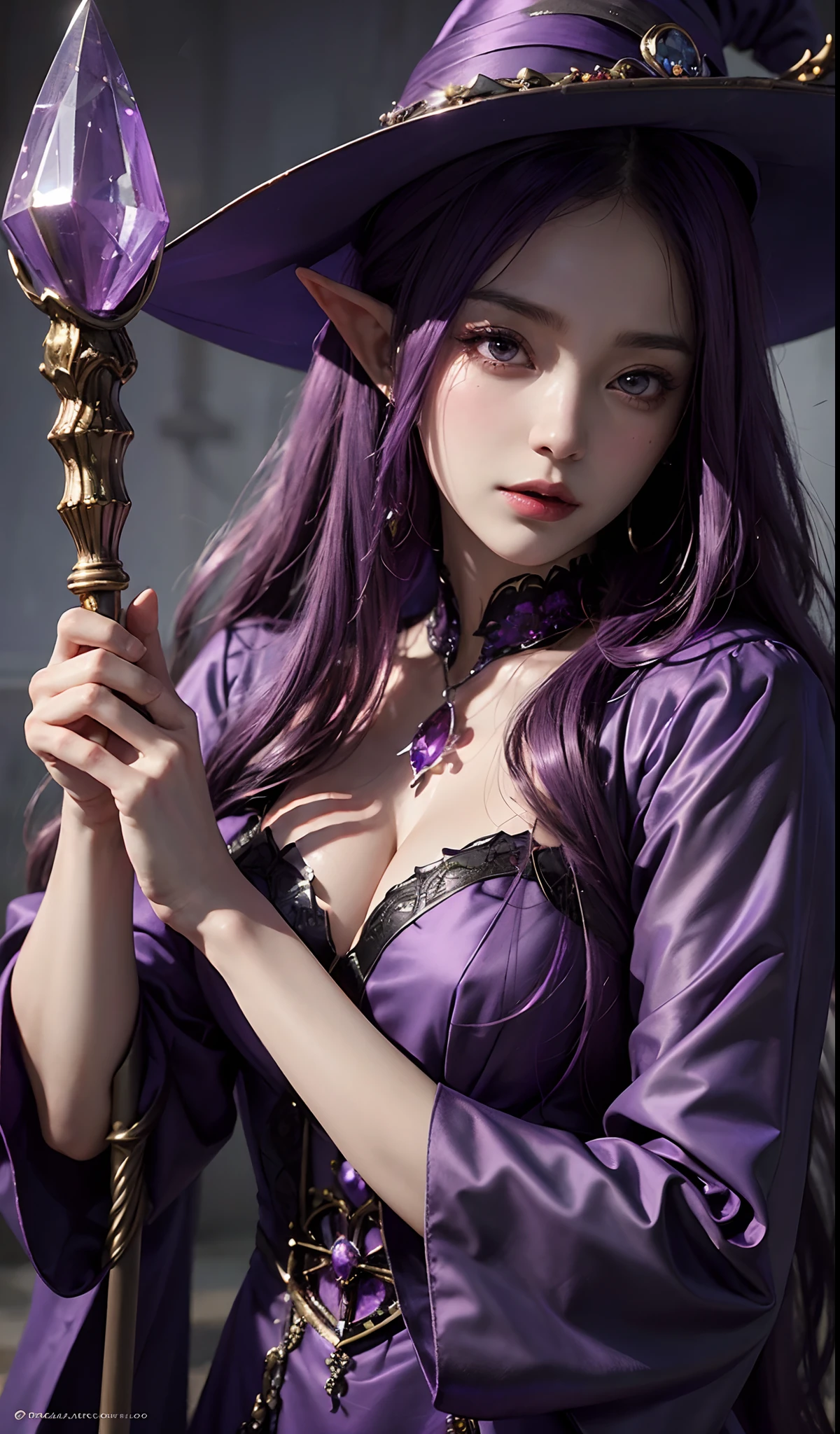 Best quality, Masterpiece, Detailed, Long dress, Purple-haired woman, holding a staff, Artgerm inspired, pixiv contest winner, The Witch, berserk art style, Close-up portrait, Purple crystal, Magic Hat,high-heels,the elf...