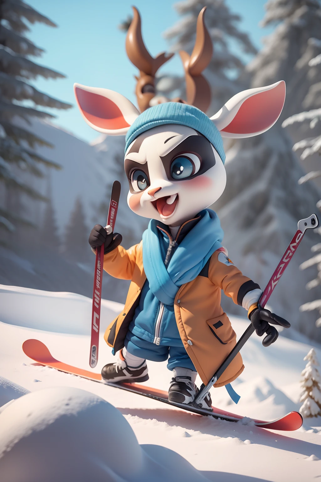 Antelope cartoon character in ski gear skiing,The expression is kind,Exaggerated styling,3D version,Similar to Kung Fu Panda