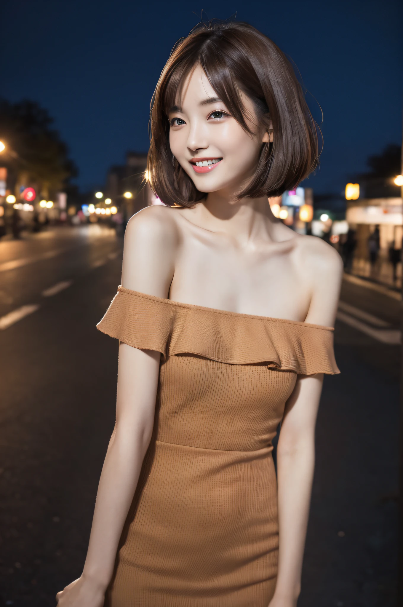 (Masterpiece:1.3), (8K, Photorealistic, Raw photography, Clear focus: 1.2, Best Quality:1.4), (1girl), Beautiful face, Realistic face, (Detailed face), Beautiful hairstyle, (Detailed bob hair), Realistic eyes, (Detailed eyes), Beautiful details, Realistic skin, (Detailed skin), Beautiful skin, Attractive, Ultra high definition, A hyper-realistic, Very detailed, Japanese beauty, (slim figure), gentle, brown bob hair, (super model figure), cute young Japanese girl, pretty young Japanese girl, (Outdoor, night: 1.1), City Street, smile, wide shot, off shoulder dresses, sexy