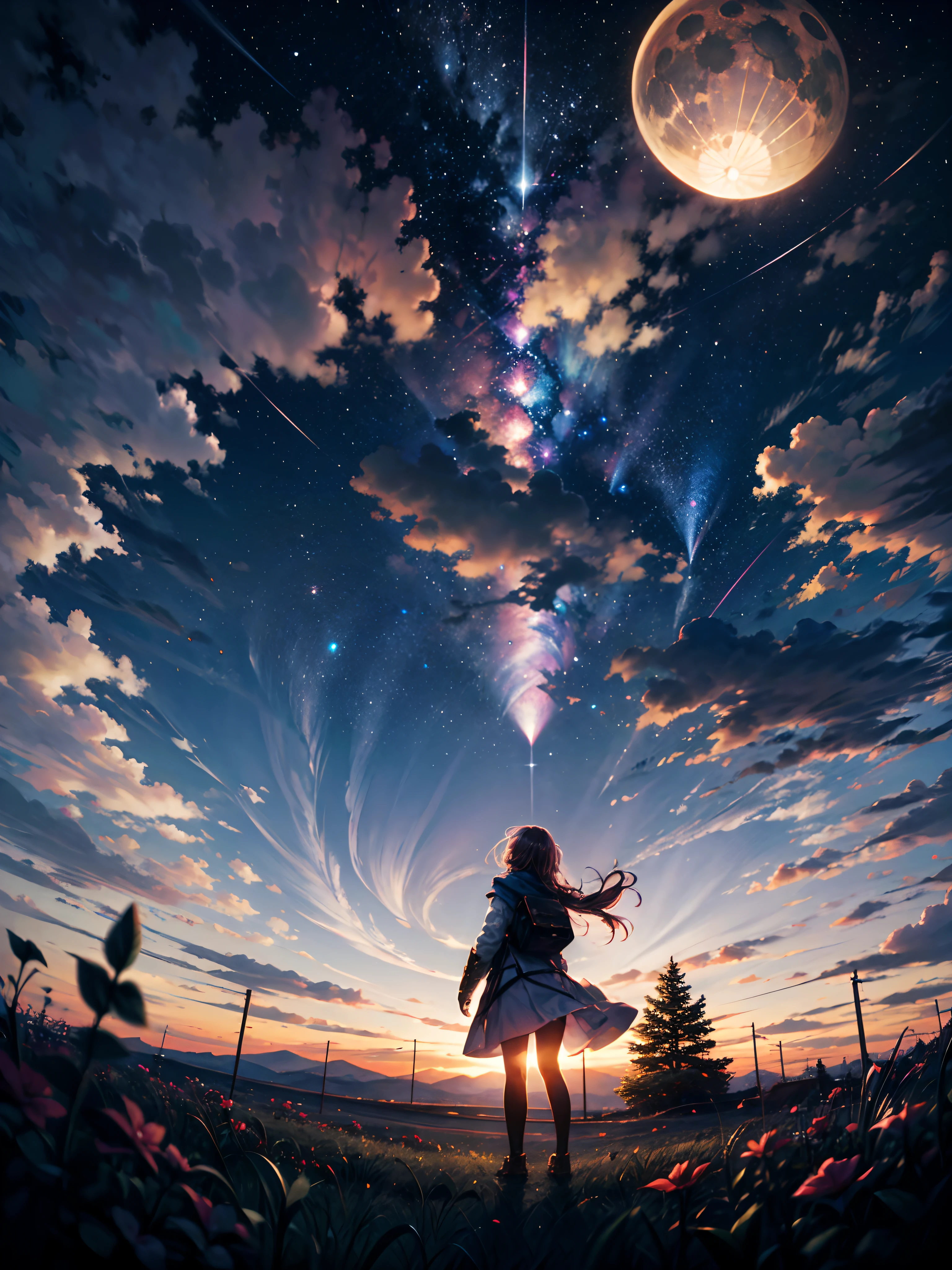 LANDSCAPE PHOTO (SEEN FROM BELOW, SKY ABOVE, FIELD BELOW), GIRL STANDING IN FLOWER GARDEN LOOKS UP (FULL MOON: 1.2), (METEOR: 0.9), (NEBULA: 1.3), DISTANT MOUNTAINS, TREES BREAK CRAFTING ART, (WARM LIGHT: 1.2), (FIREFLY: 1.2), LIGHTS, LOTS OF PURPLE AND ORANGE, INTRICATE DETAILS, VOLUMETRIC LIGHTING BREAK (MASTERPIECE: 1.2), ( Best Quality), 4K, Ultra Detailed, (Dynamic Composition: 1.4), Rich in Detail and Color, (Iridescent: 1.2), (Glow, Atmospheric Lighting), Dreamy, Magical, (Solo: 1.2)