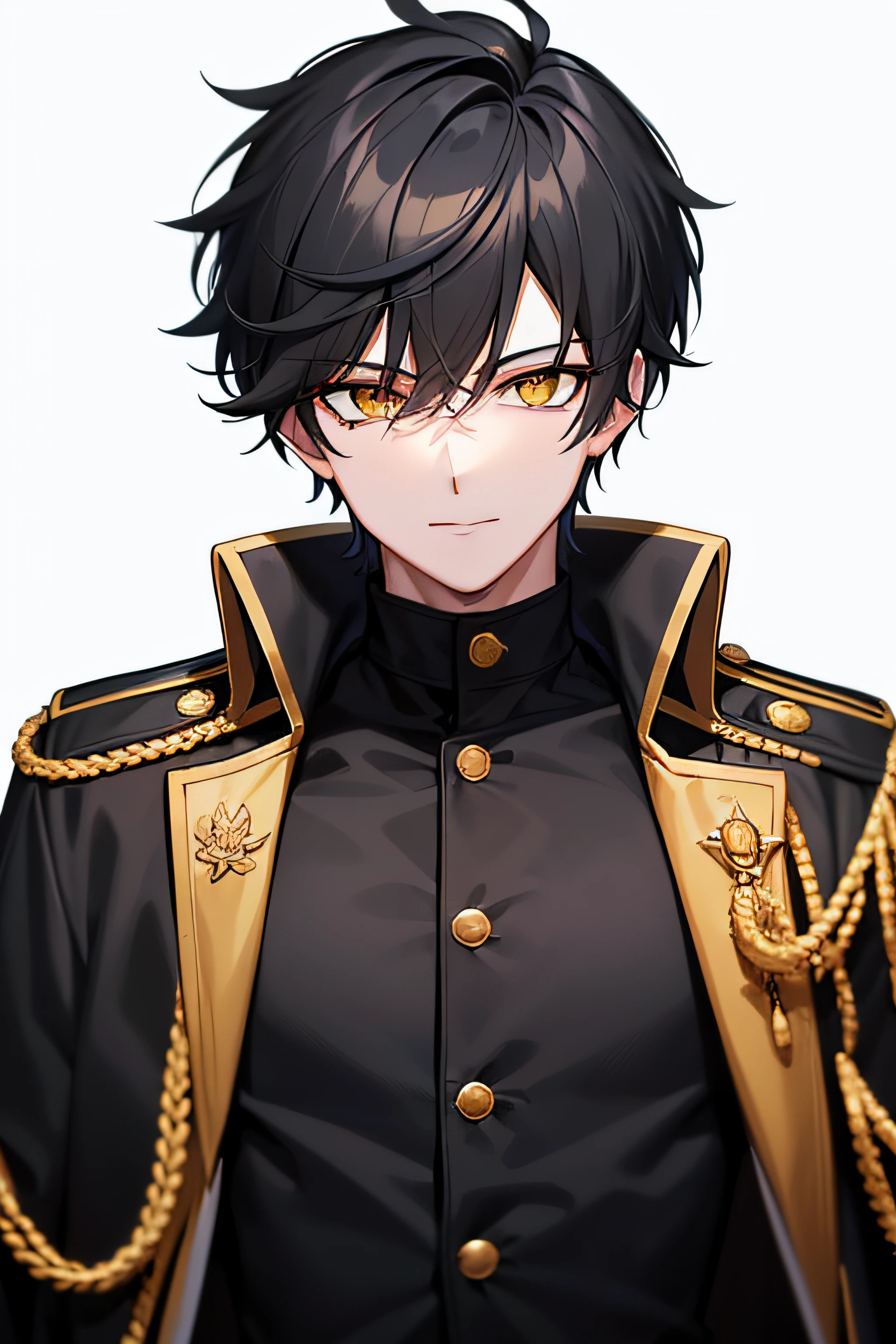 character design reference sheet, 1 boy, handsome, blackhead,M bangs, comma hair, comma hair on forehead, Korean hair, black and gold coat on white background, shiny, yellow eyes, smiling and looking at the audience, upper body,; A handsome blackhead with distinctive comma hair and Korean style, wearing a black t-shirt and black and gold coat, stands against a bright white background with his golden eyes watching the audience